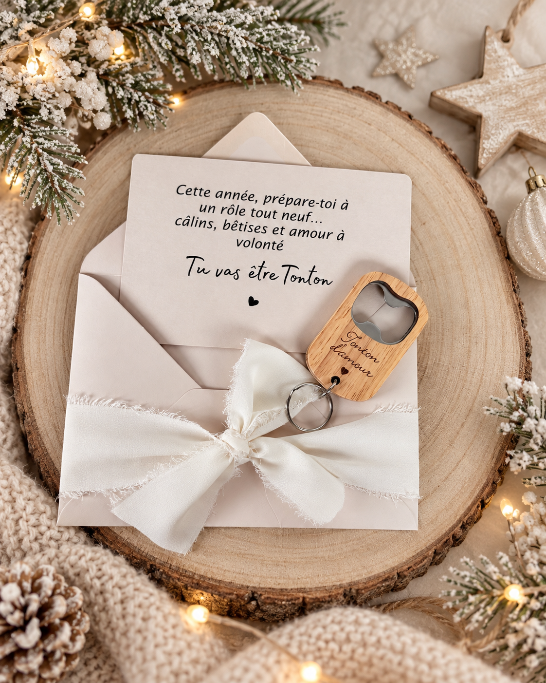 Annonce de grossesse décapsuleur/bouchon bouteille et carte pour tonton d'amour beige noel