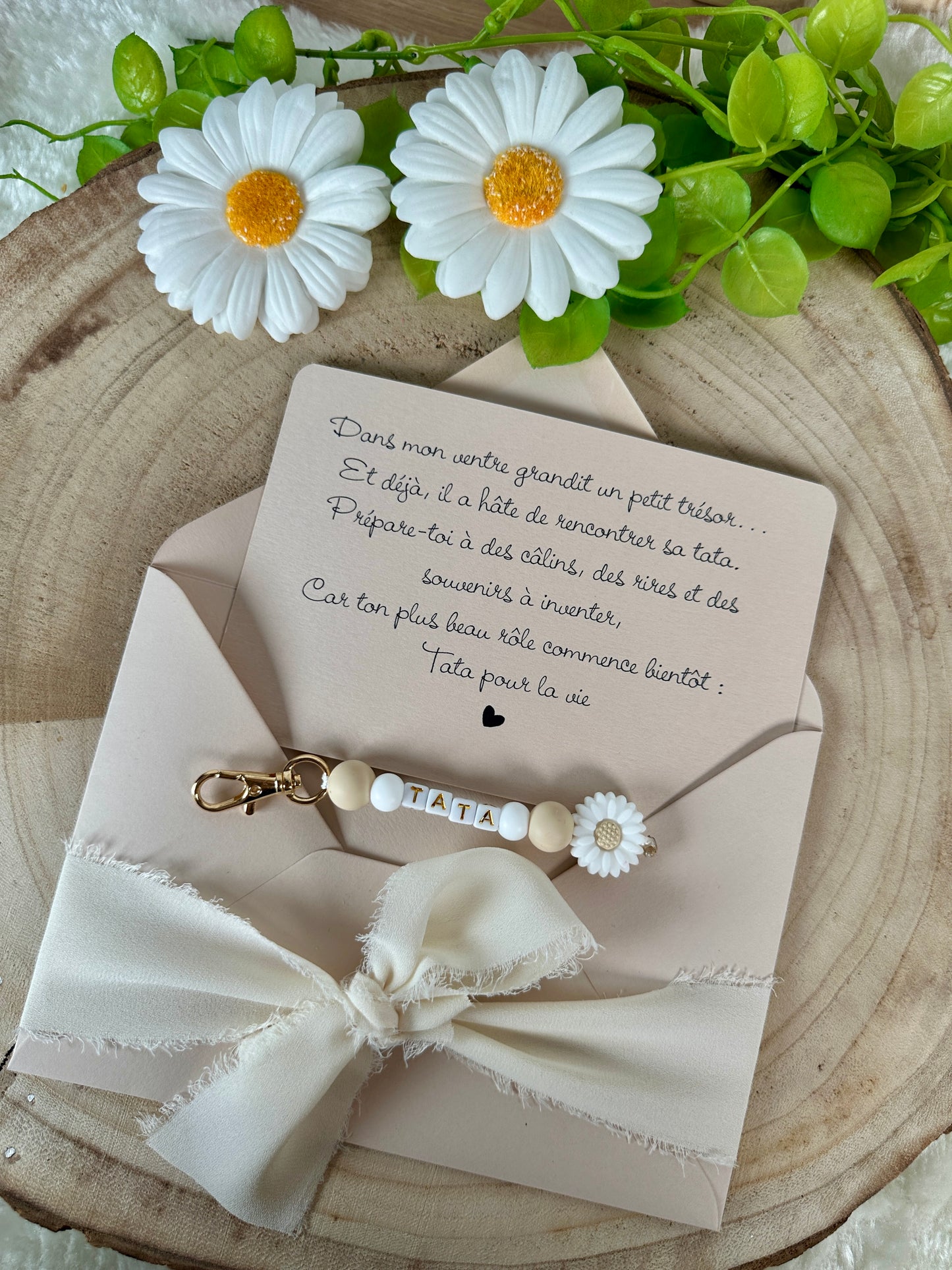 Annonce grossesse carte porte clé perle tata beige
