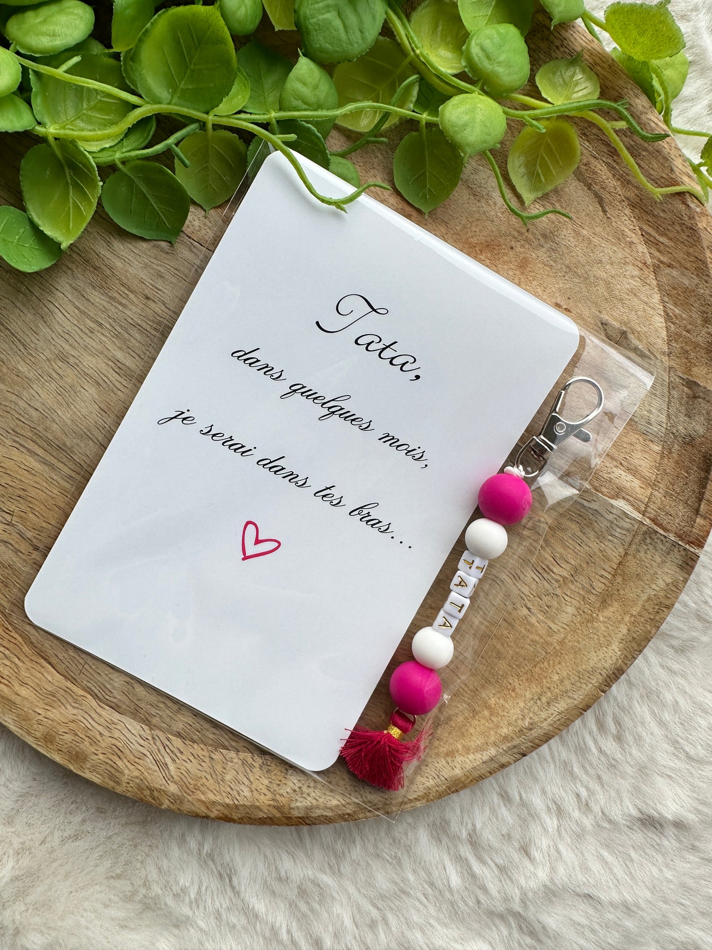 Annonce grossesse tata carte porte-clés en perles rose fuchsia pompon