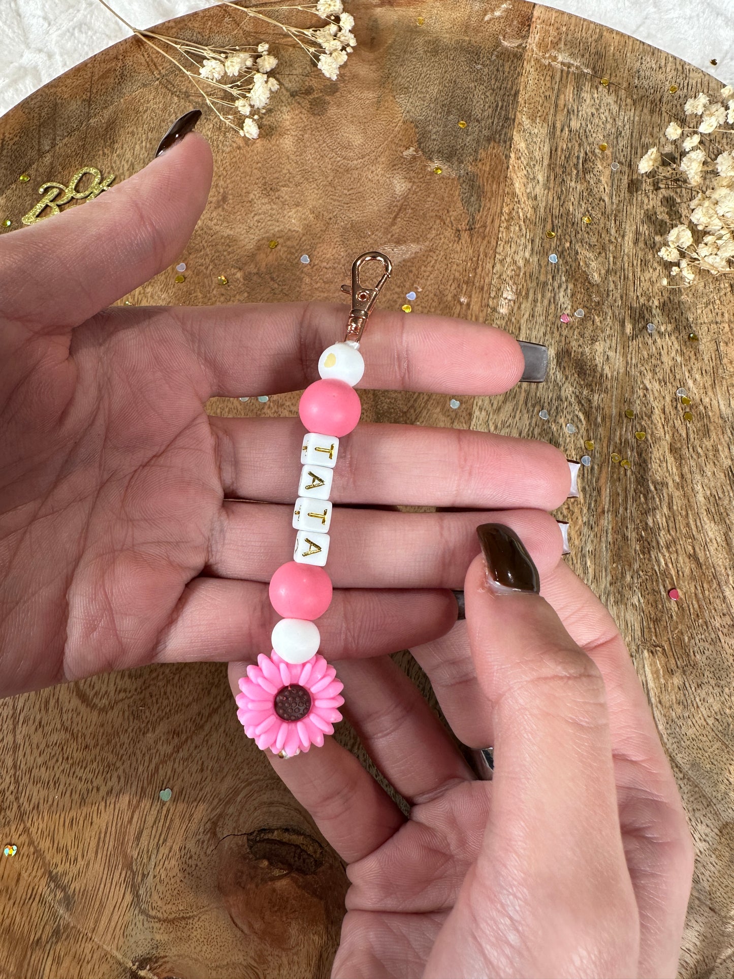 Annonce grossesse carte porte-clés tata en perles rose fuchsia