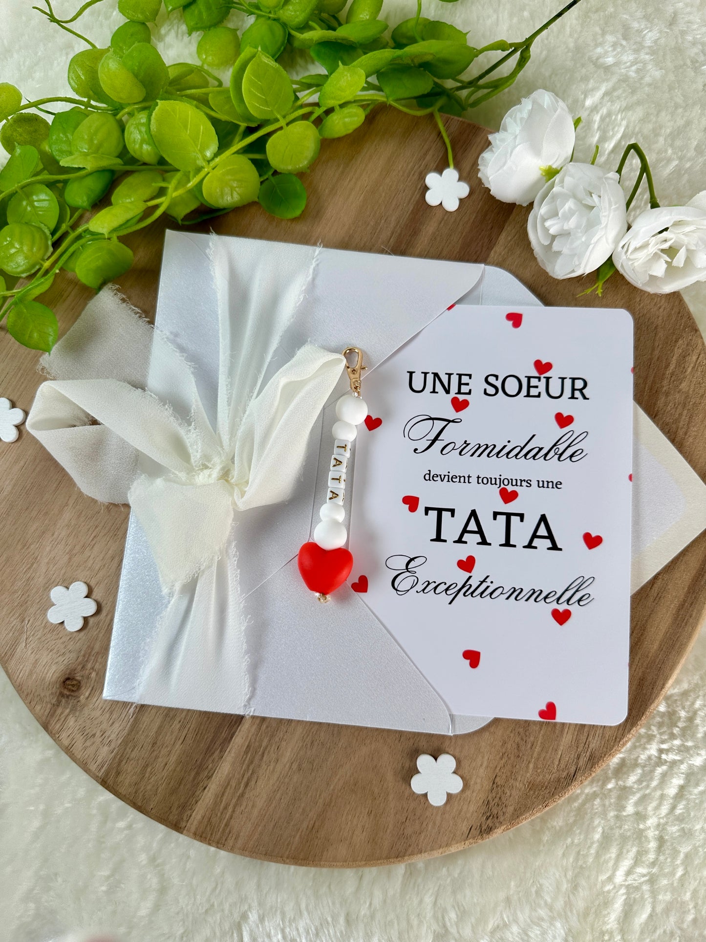 Annonce grossesse carte porte-clés tata en perles coeur rouge