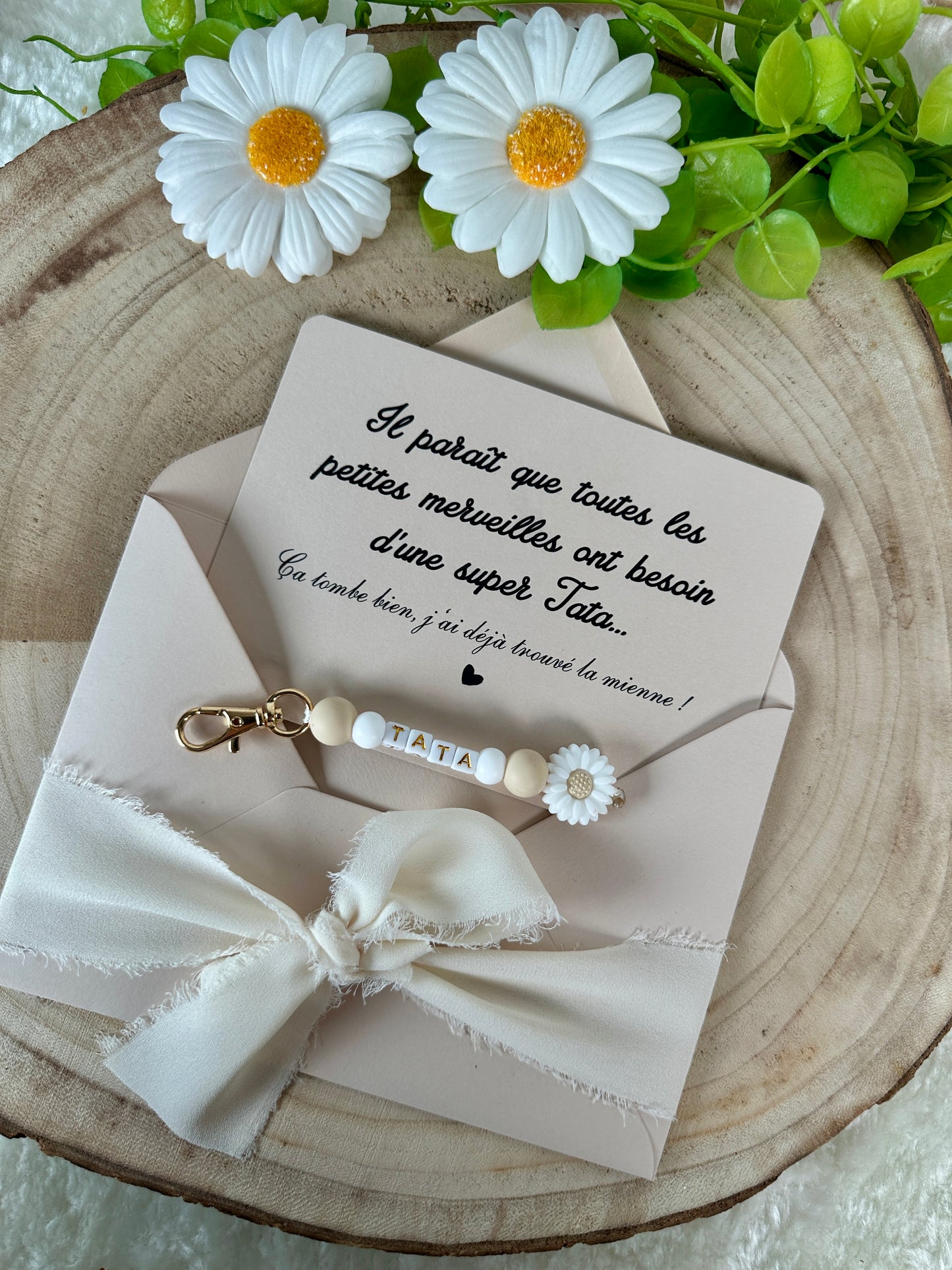 Annonce grossesse carte porte clé perle tata beige