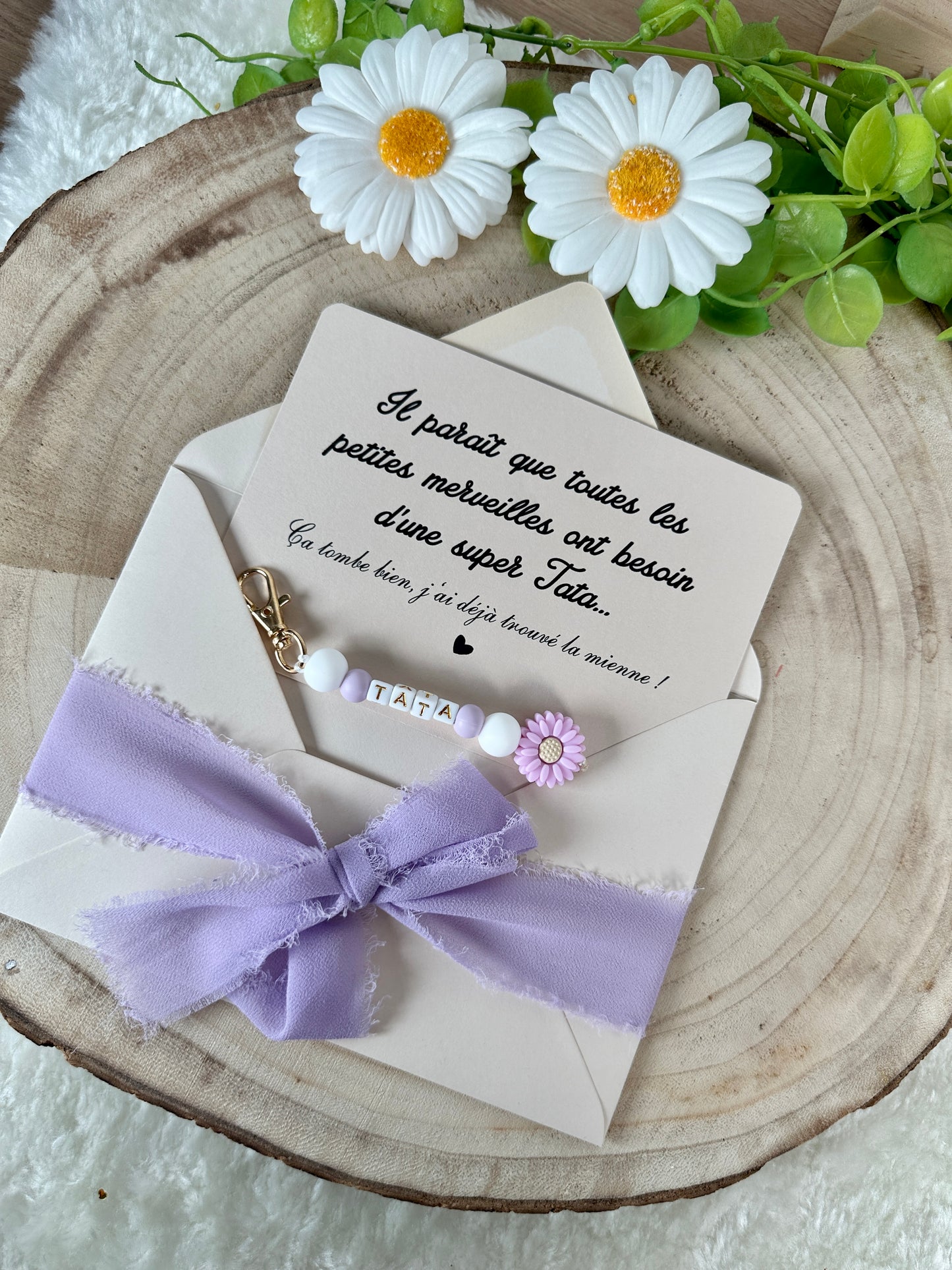 Annonce grossesse carte porte clé perle tata violet