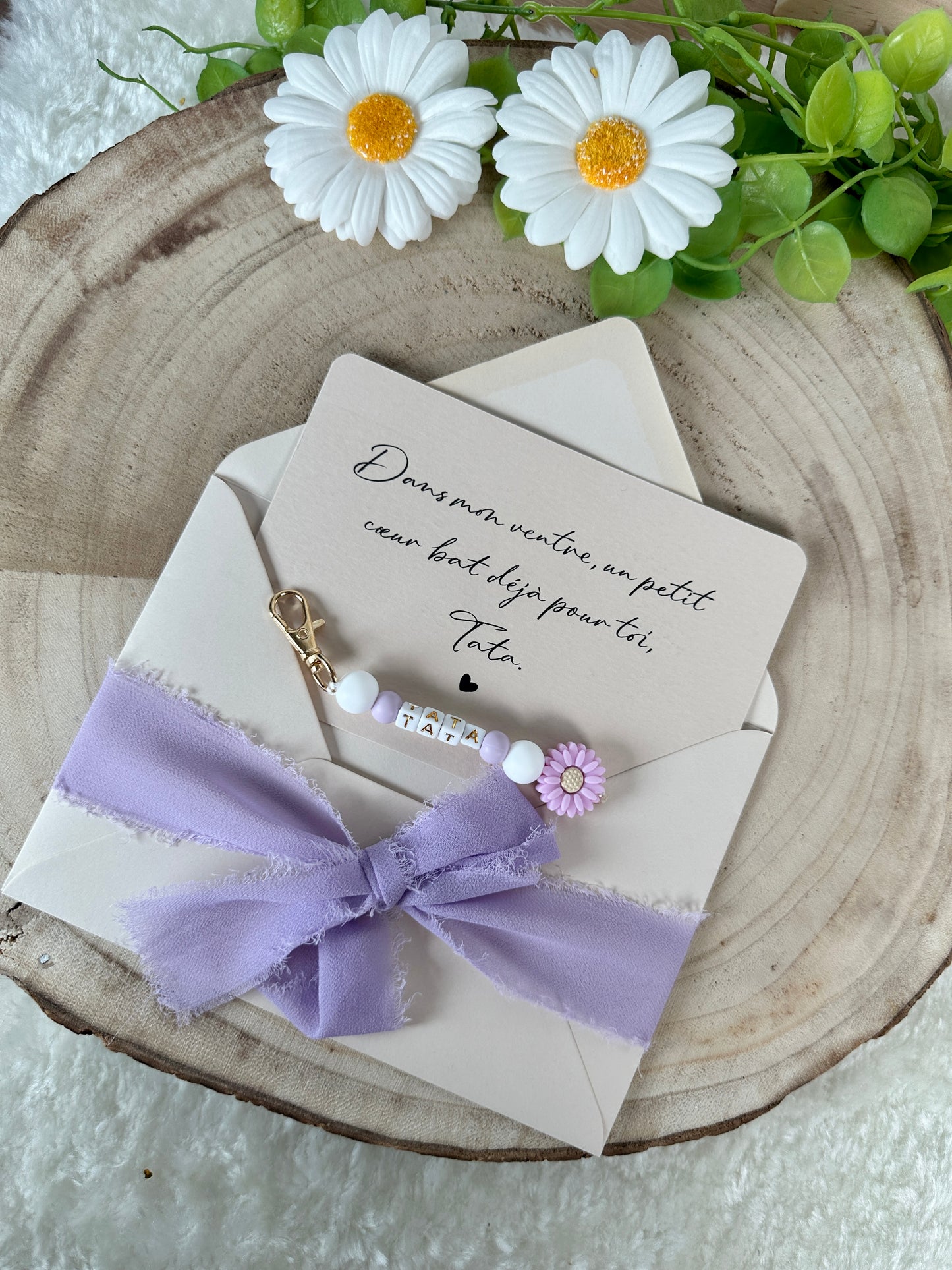 Annonce grossesse carte porte clé perle tata violet