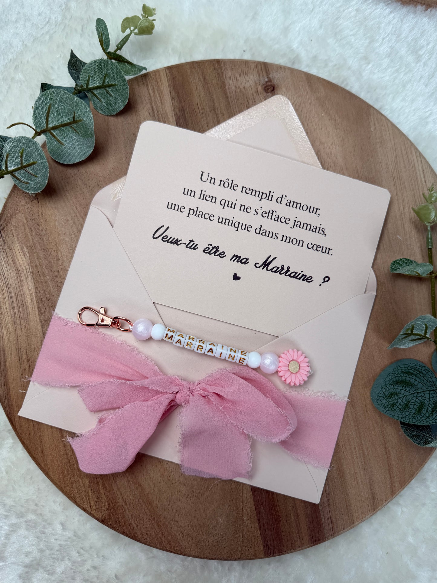 Annonce grossesse, demande marraine, rose baptême, carte et porte clé en perles