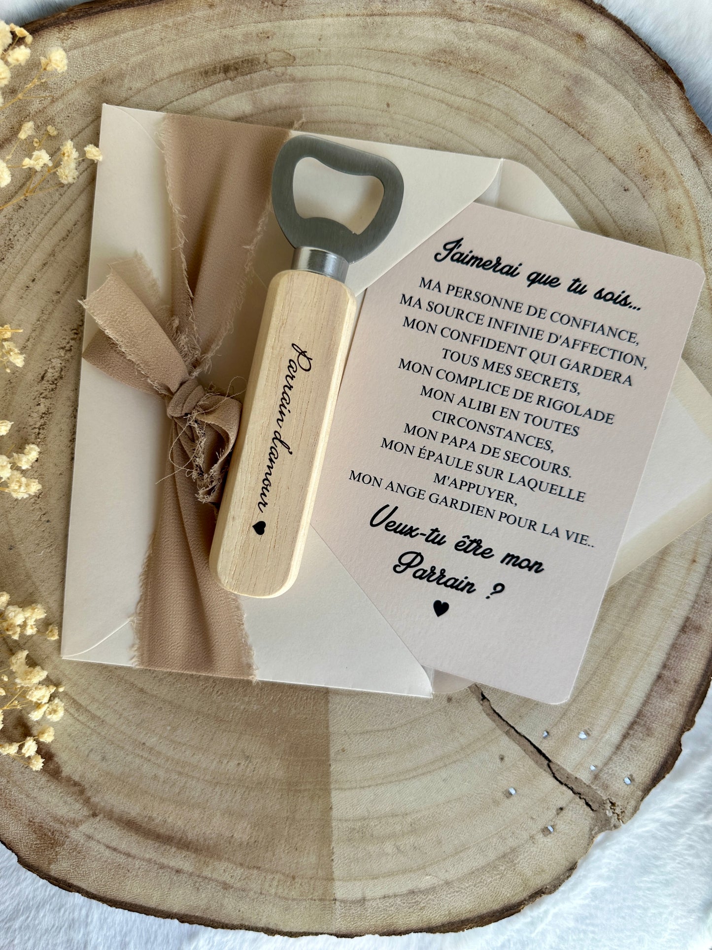 Annonce de grossesse décapsuleur j'aimerai que tu sois et carte pour parrain d'amour beige