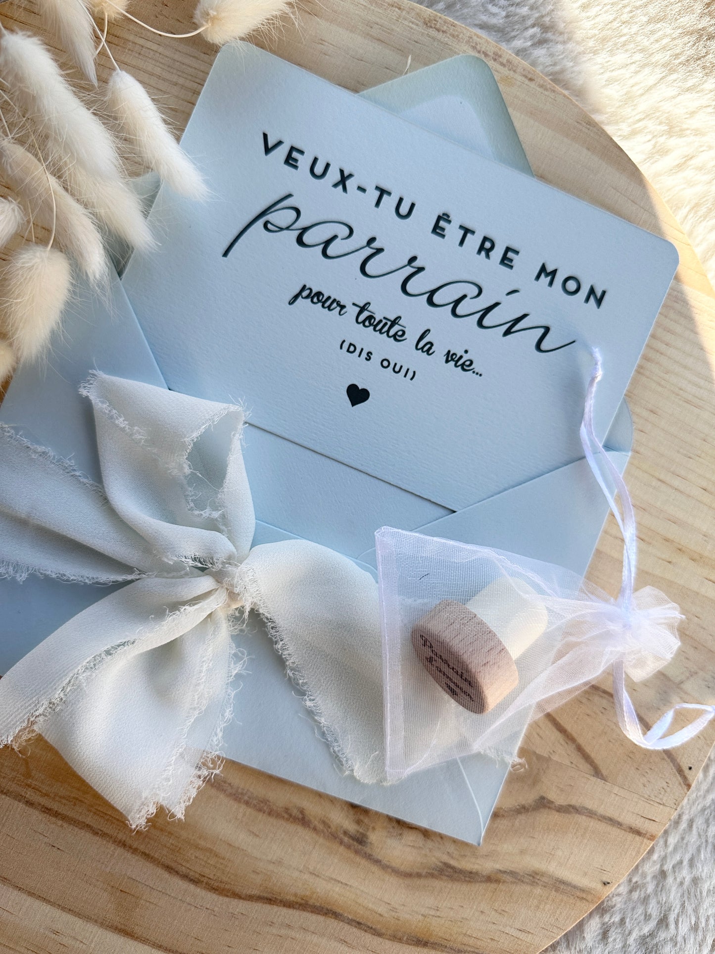 Annonce de grossesse décapsuleur/bouchon bouteille et carte pour parrain d'amour bleu