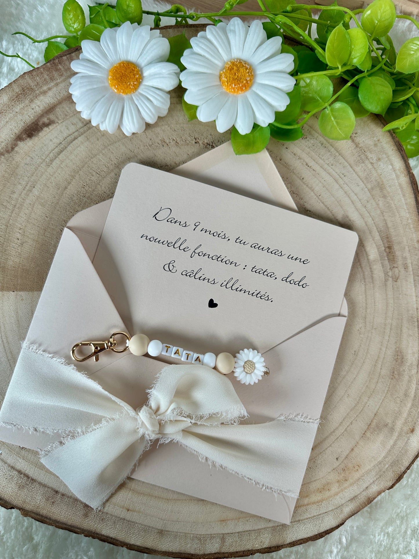 Annonce grossesse carte porte clé perle tata beige