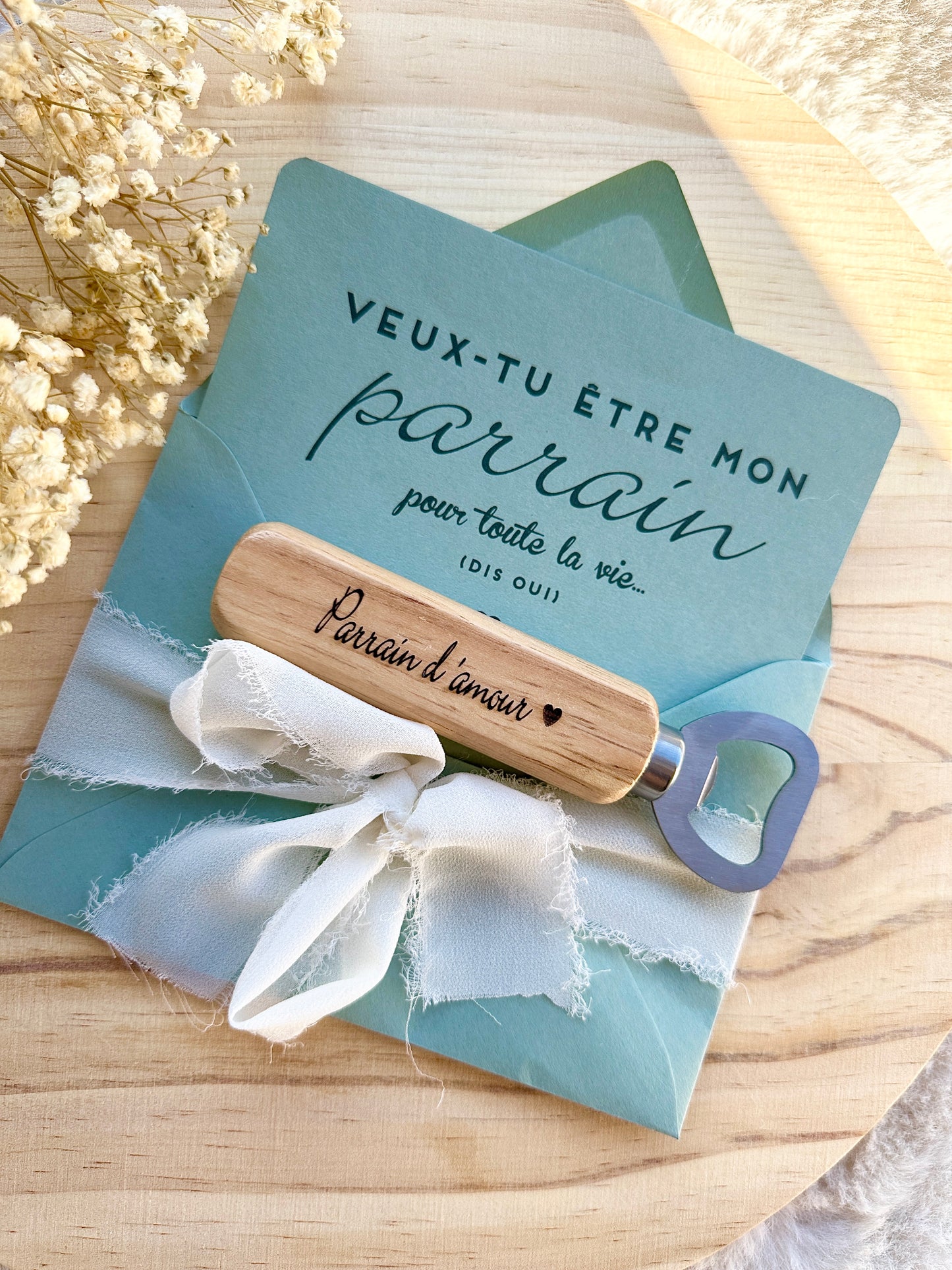 Annonce de grossesse décapsuleur/bouchon bouteille et carte pour parrain d'amour vert