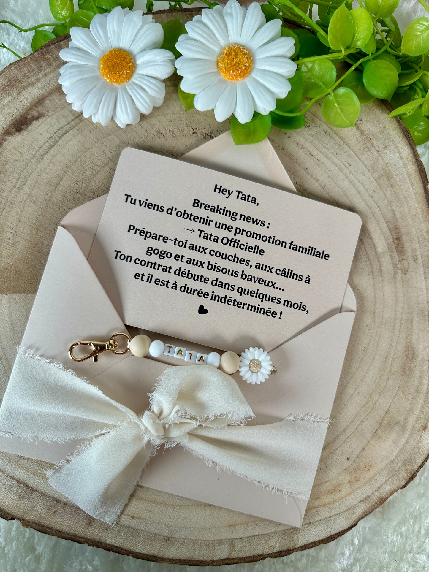 Annonce grossesse carte porte clé perle tata beige