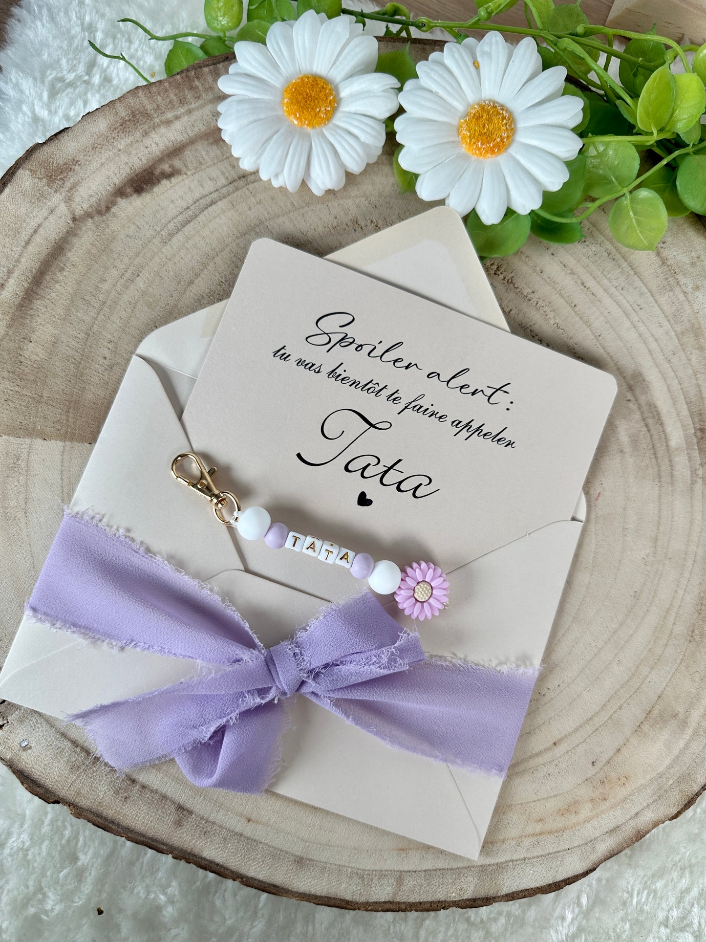 Annonce grossesse carte porte clé perle tata violet