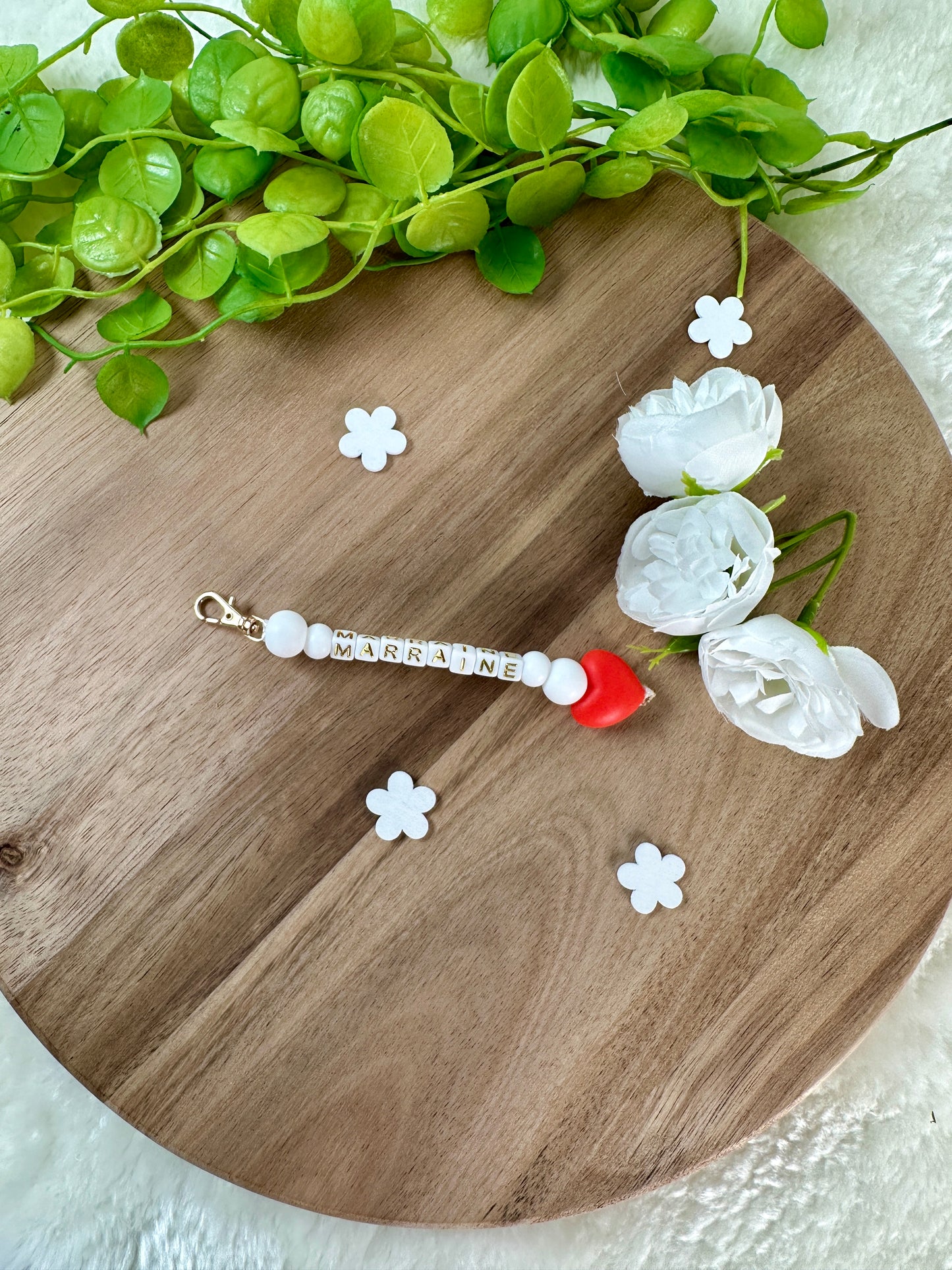 Annonce grossesse, demande marraine, baptême, carte et porte clé en perles cœur rouge