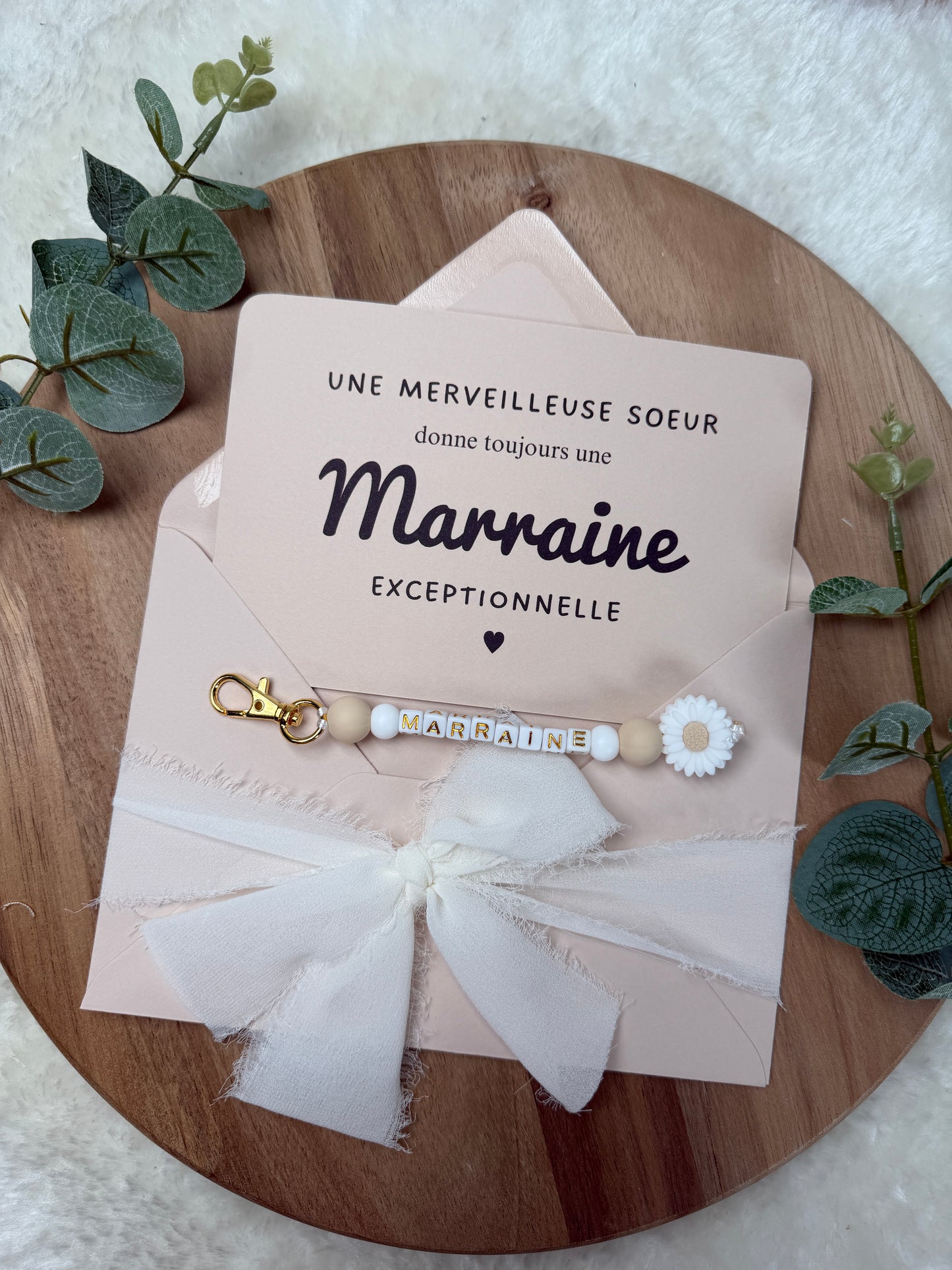 Annonce grossesse, demande marraine, blanc baptême, carte et porte clé en perles