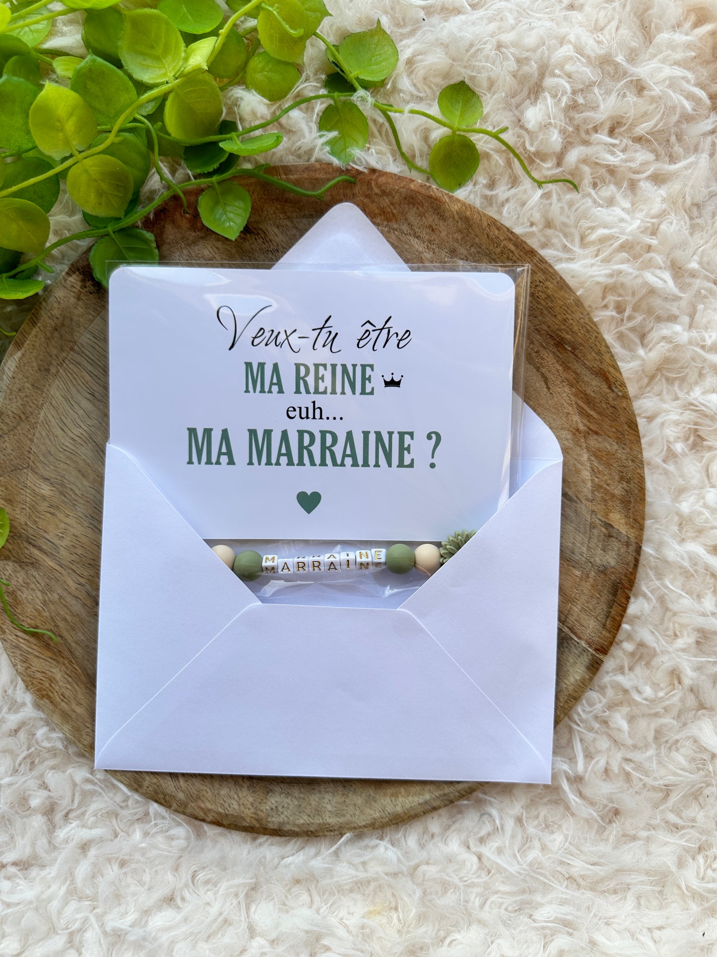 Annonce grossesse, demande marraine, baptême, carte et porte clé en perles vert