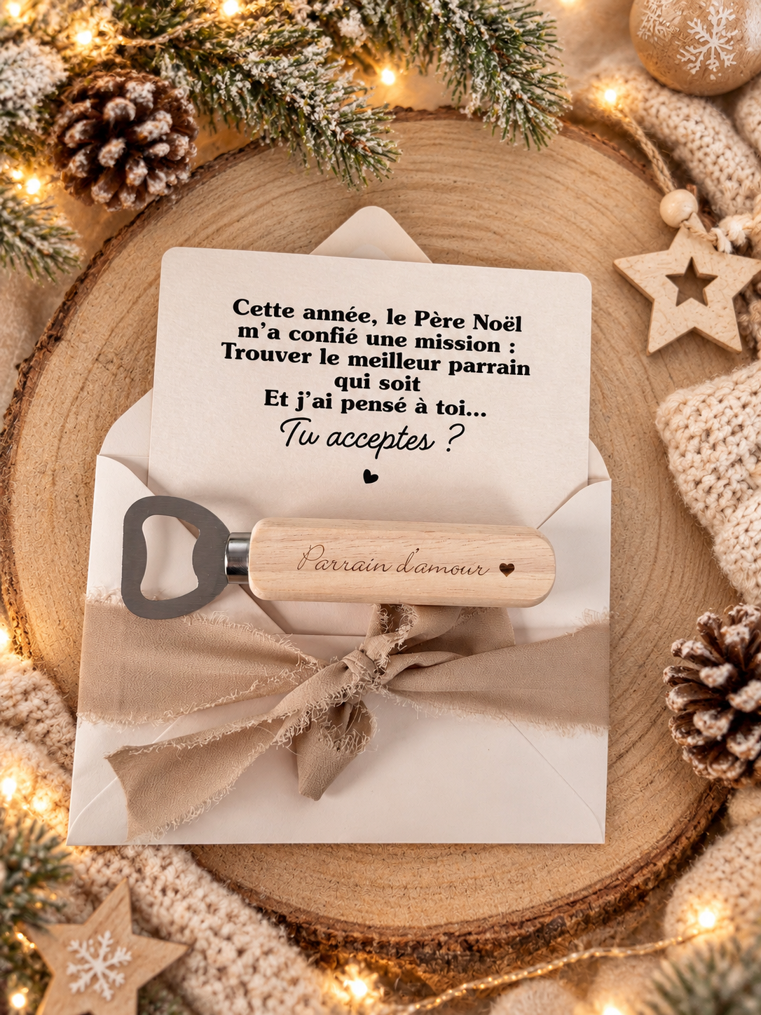 Annonce grossesse, demande parrain carte décapsuleur simple ou porte clé noel
