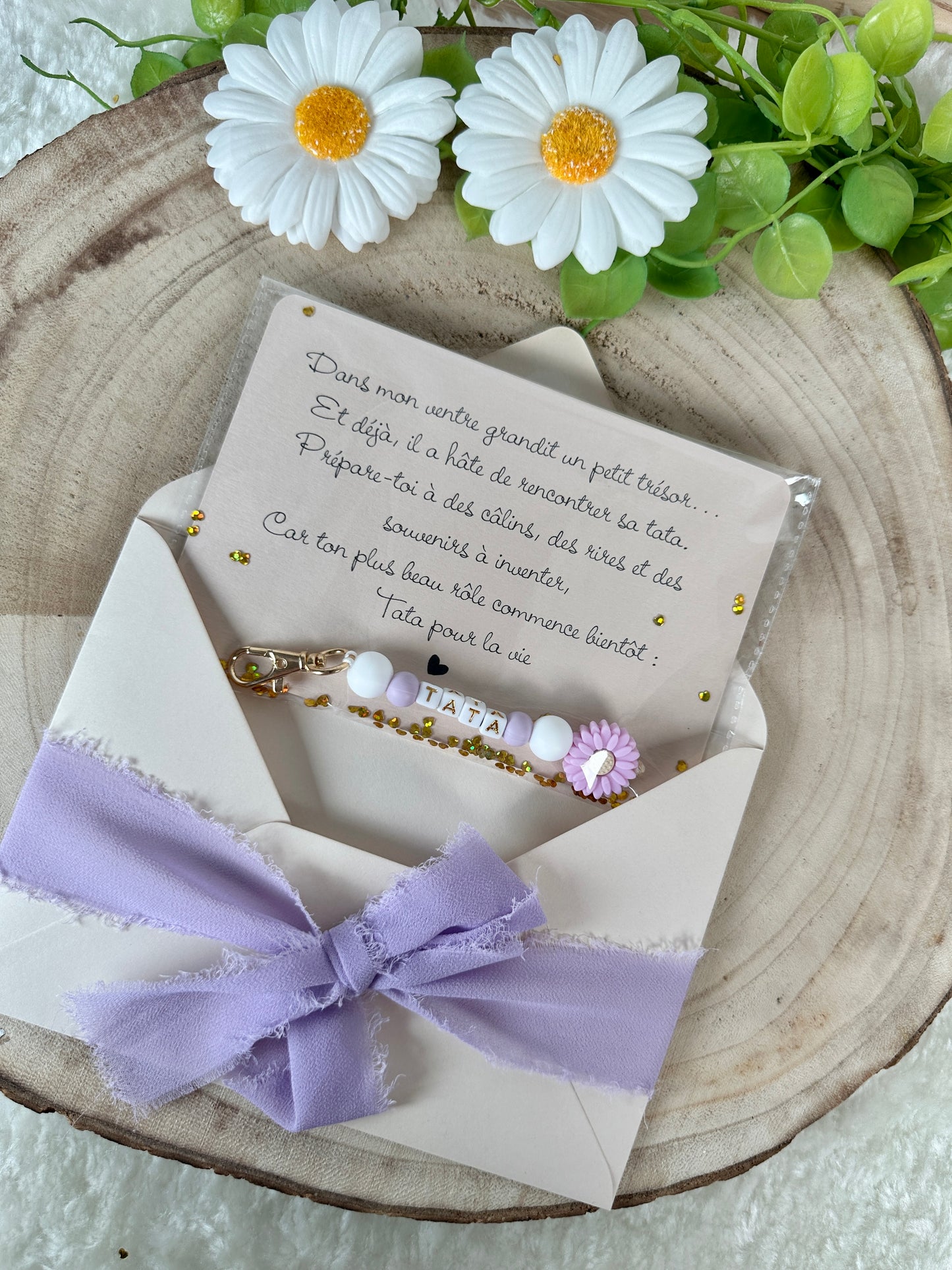 Annonce grossesse carte porte clé perle tata violet