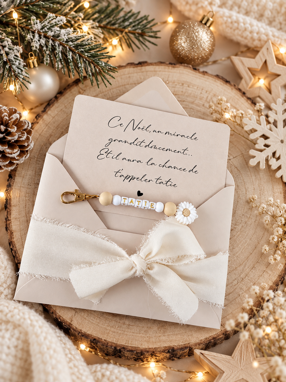 Annonce grossesse tatie carte porte-clés en perles blanche noel