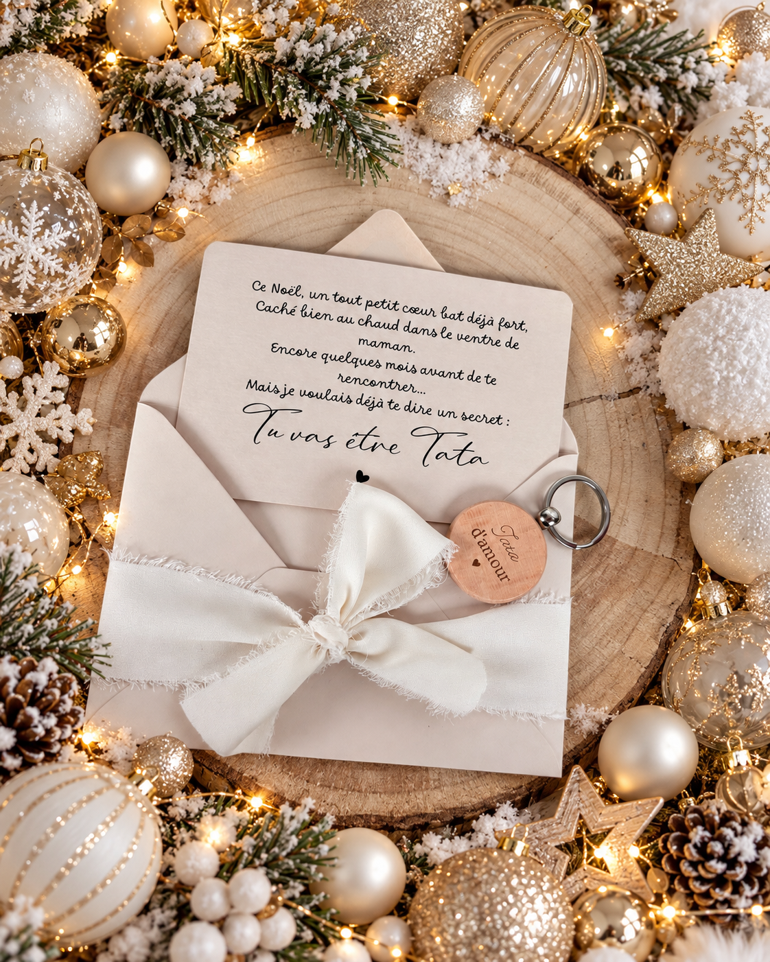 Annonce grossesse carte porte clé bois tata beige noel