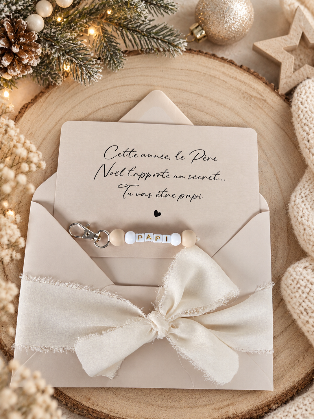 Annonce grossesse papi carte avec petit porte clés perles noel