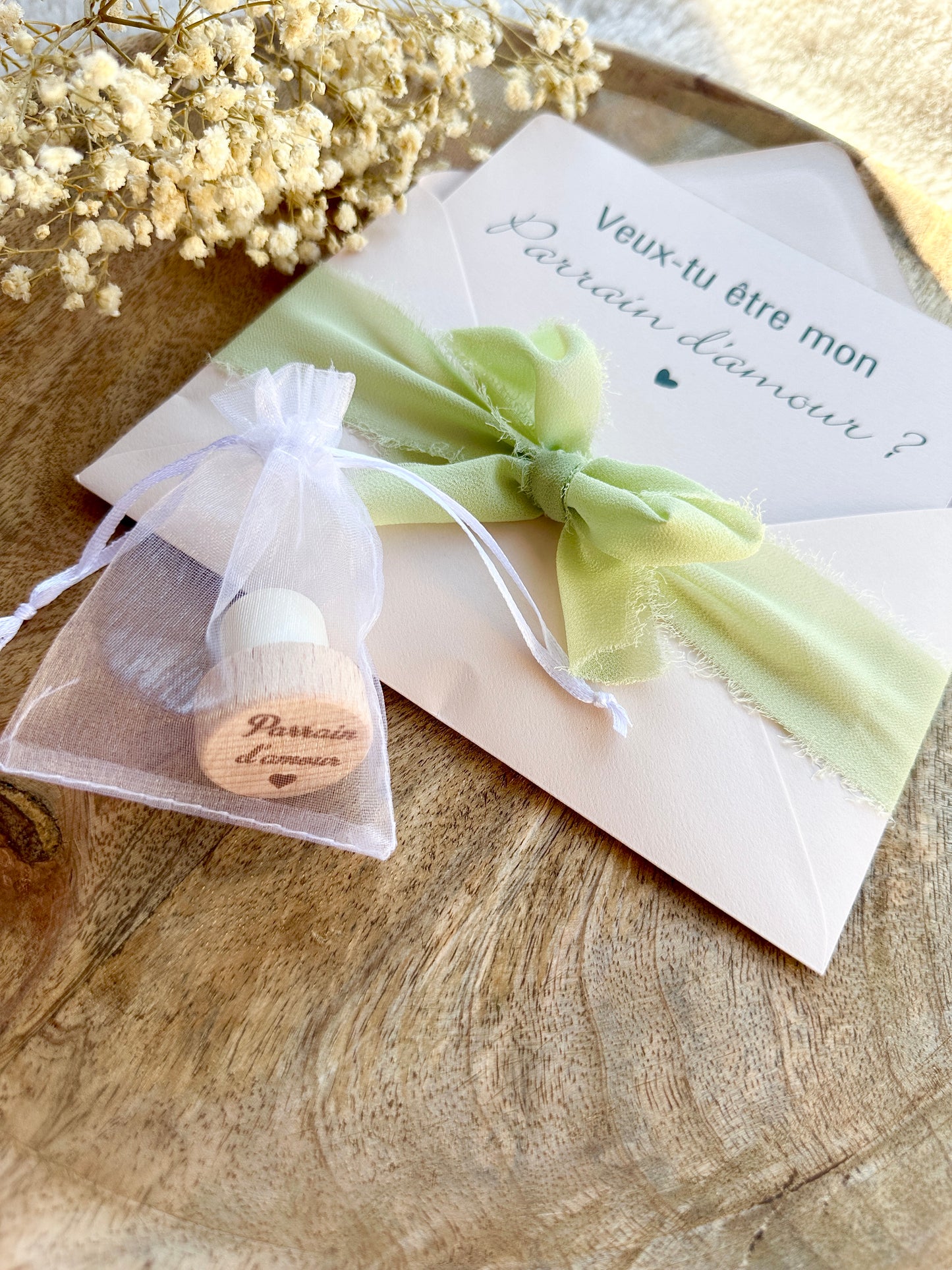 Annonce de grossesse décapsuleur/bouchon bouteille et carte pour parrain d'amour beige