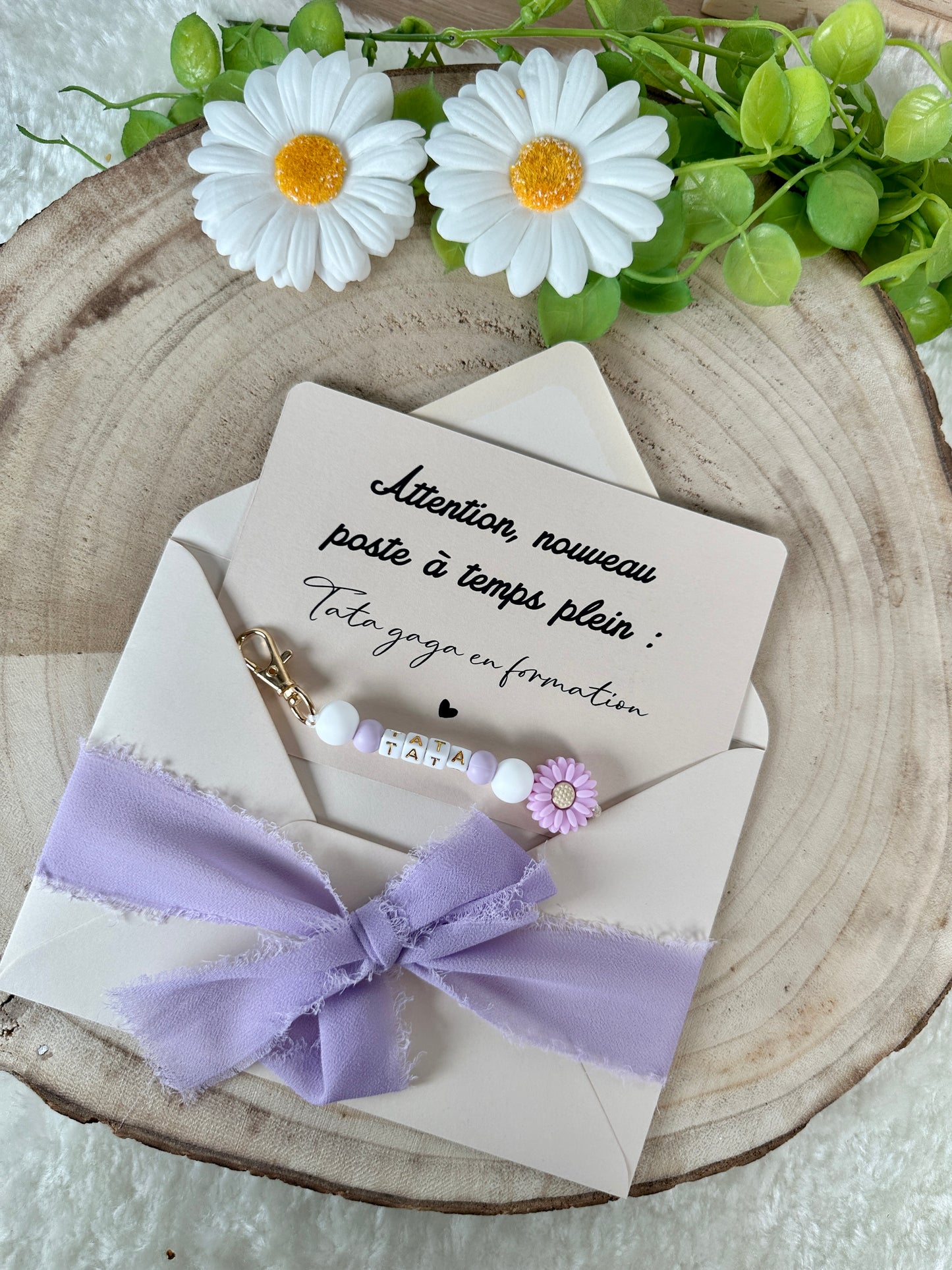 Annonce grossesse carte porte clé perle tata violet