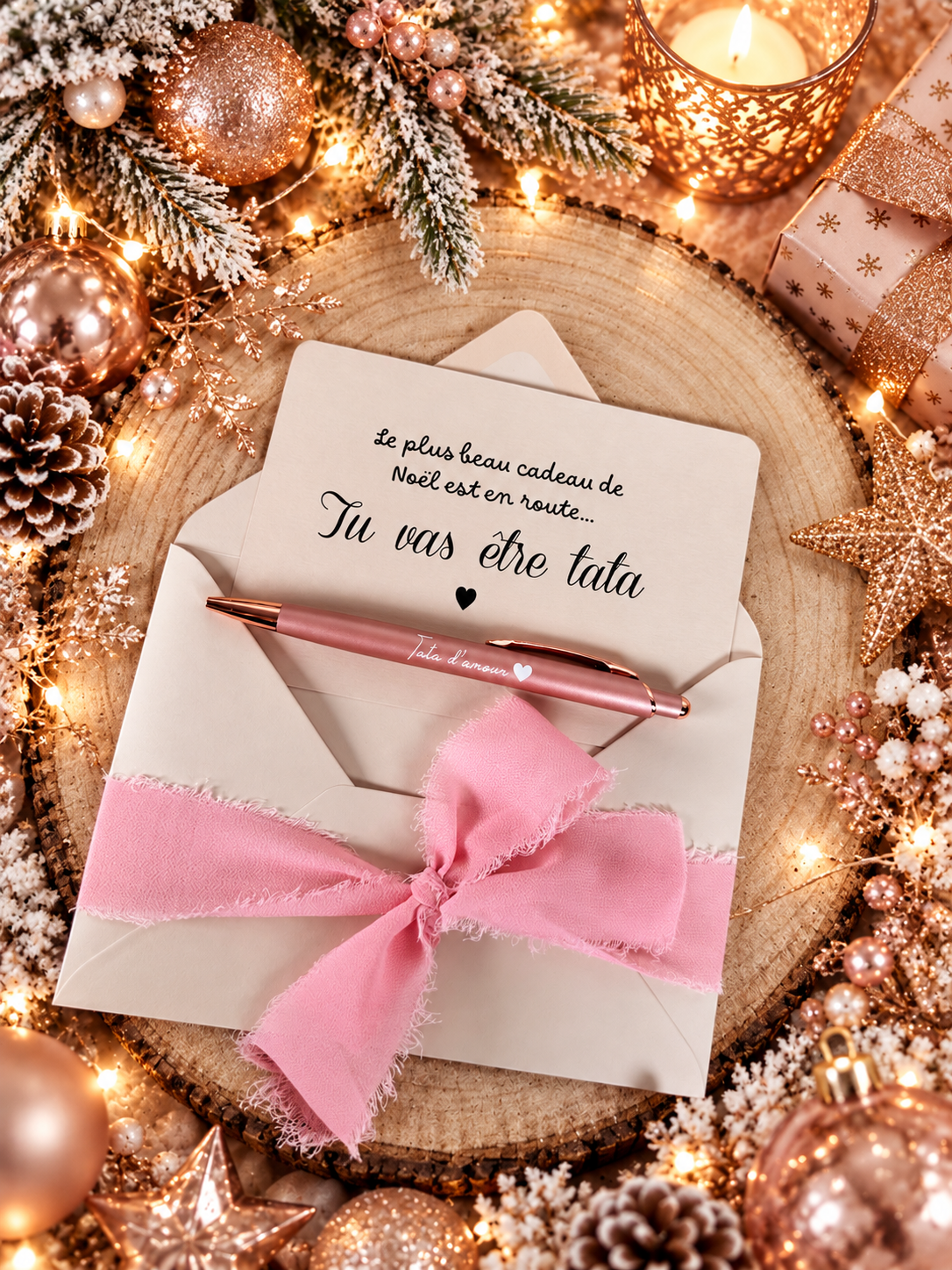 Annonce grossesse carte stylo tata beige Noël