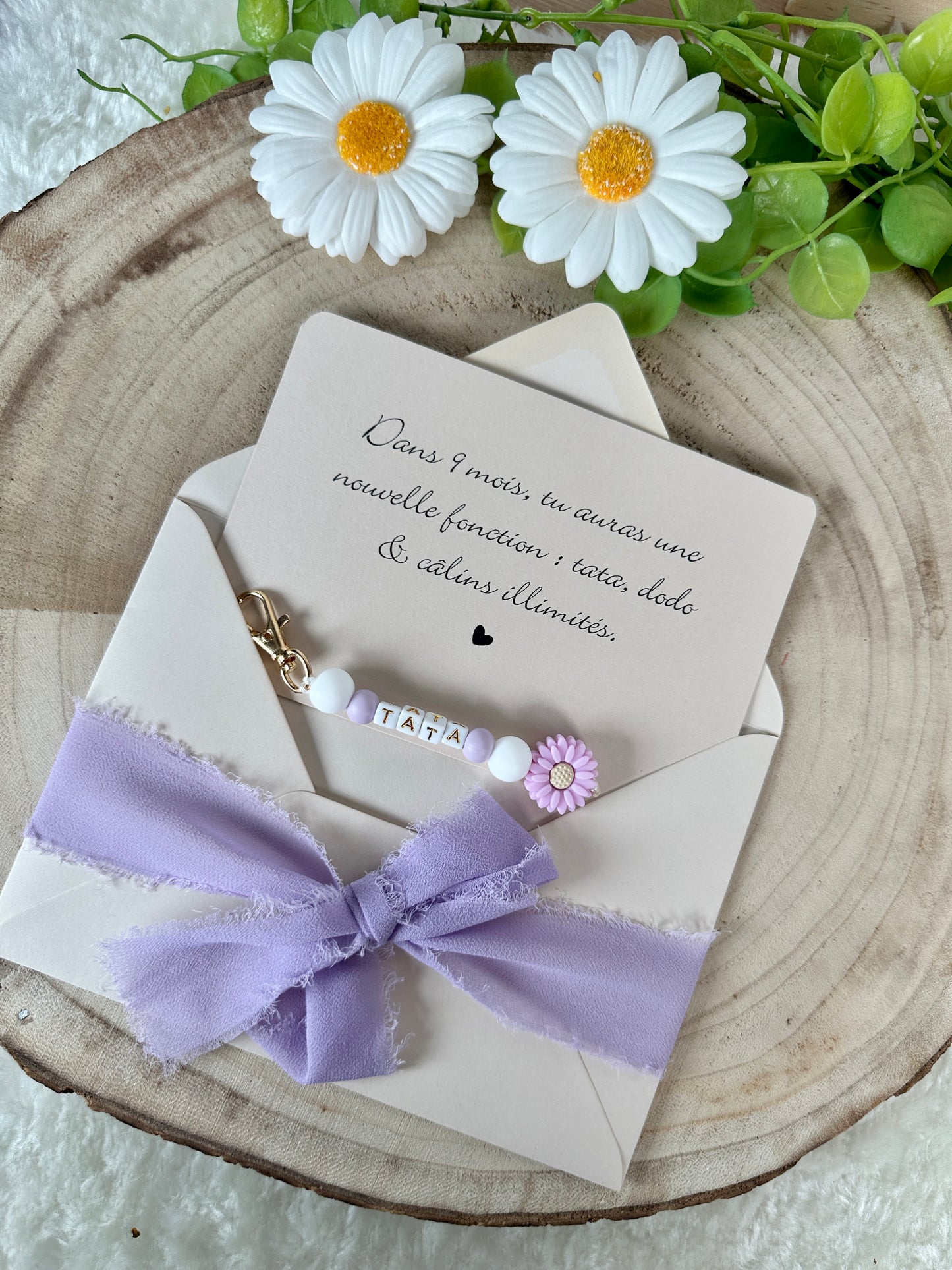 Annonce grossesse carte porte clé perle tata violet