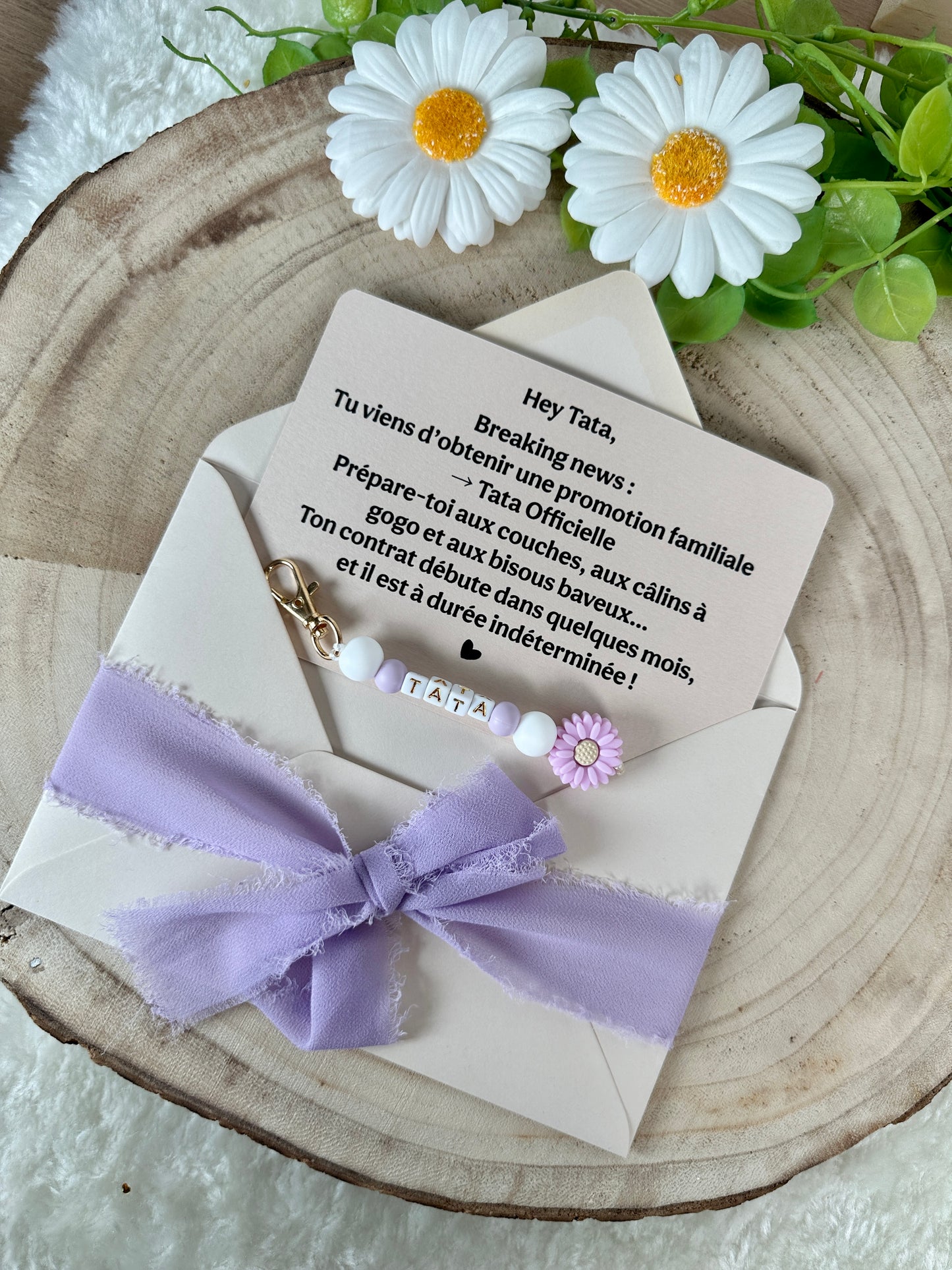 Annonce grossesse carte porte clé perle tata violet