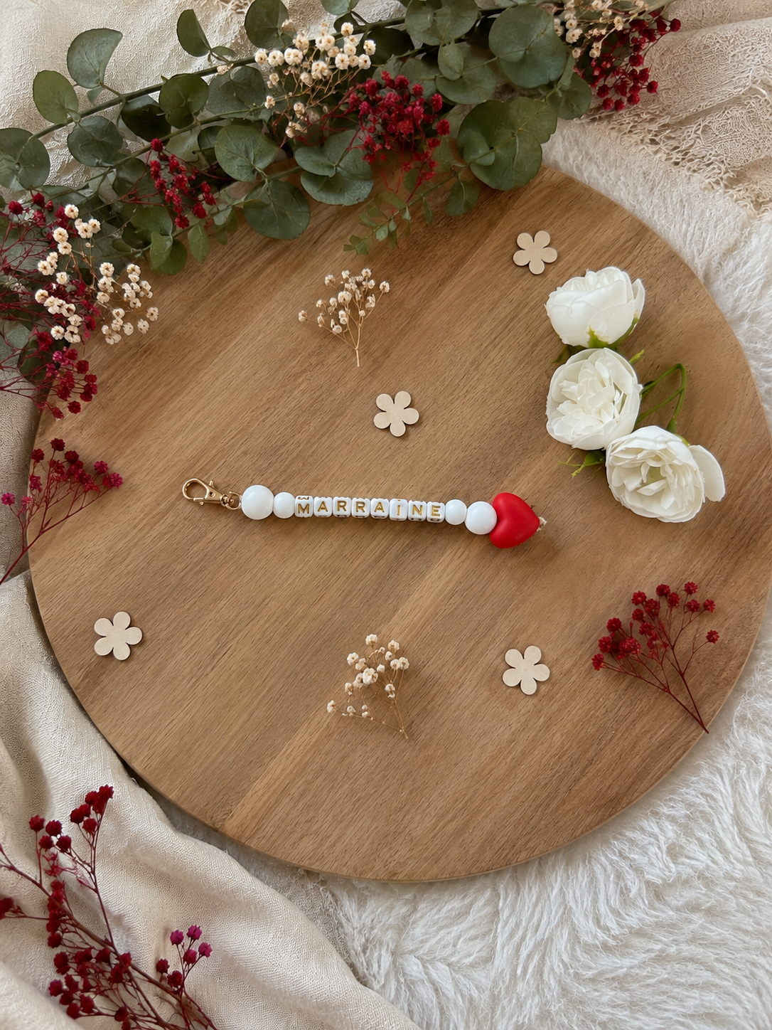 Annonce grossesse, demande marraine, baptême, carte et porte clé en perles cœur rouge