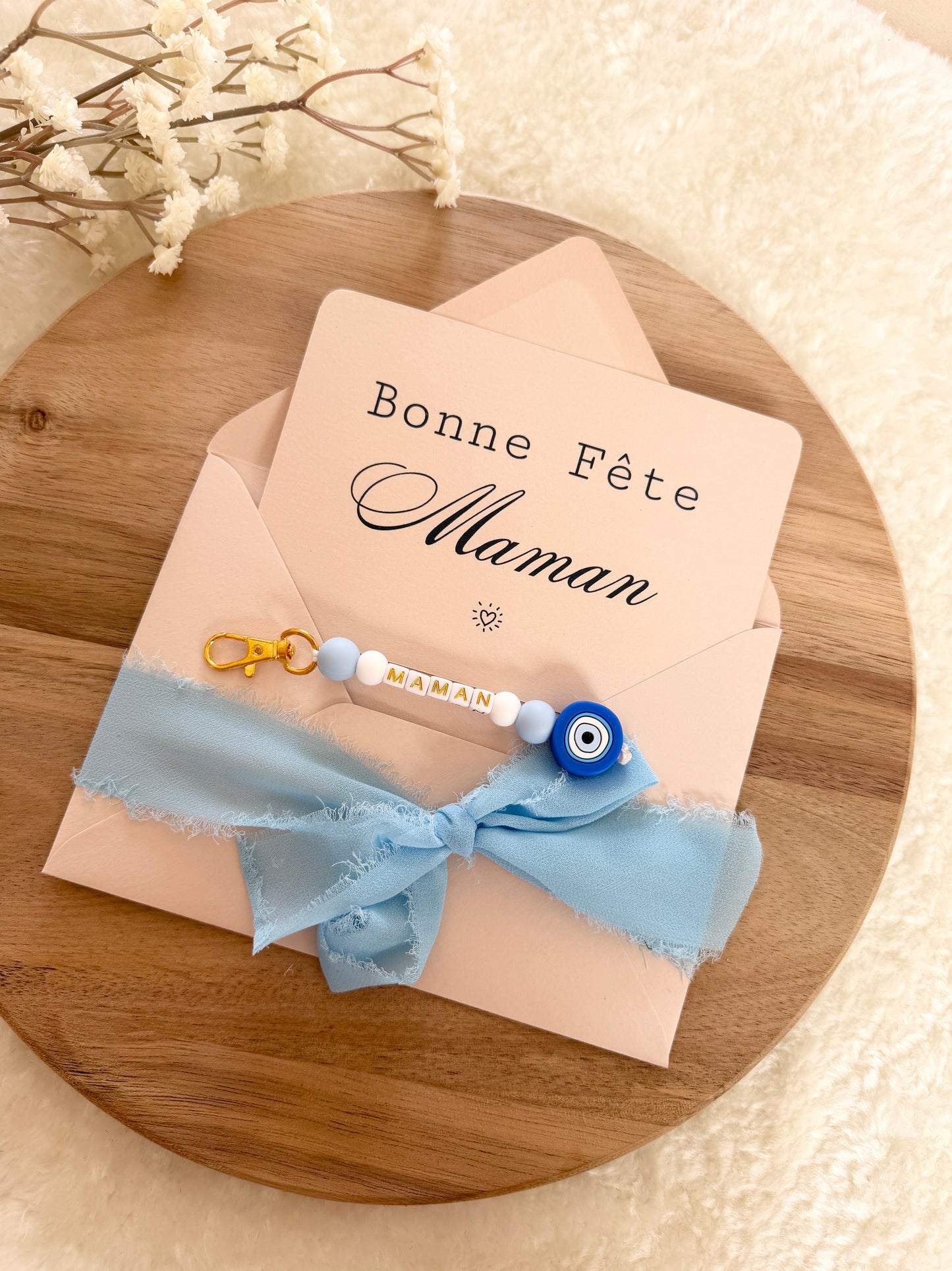 Cadeau fête des mamans, fête des mères, carte avec porte clé oeil bleu