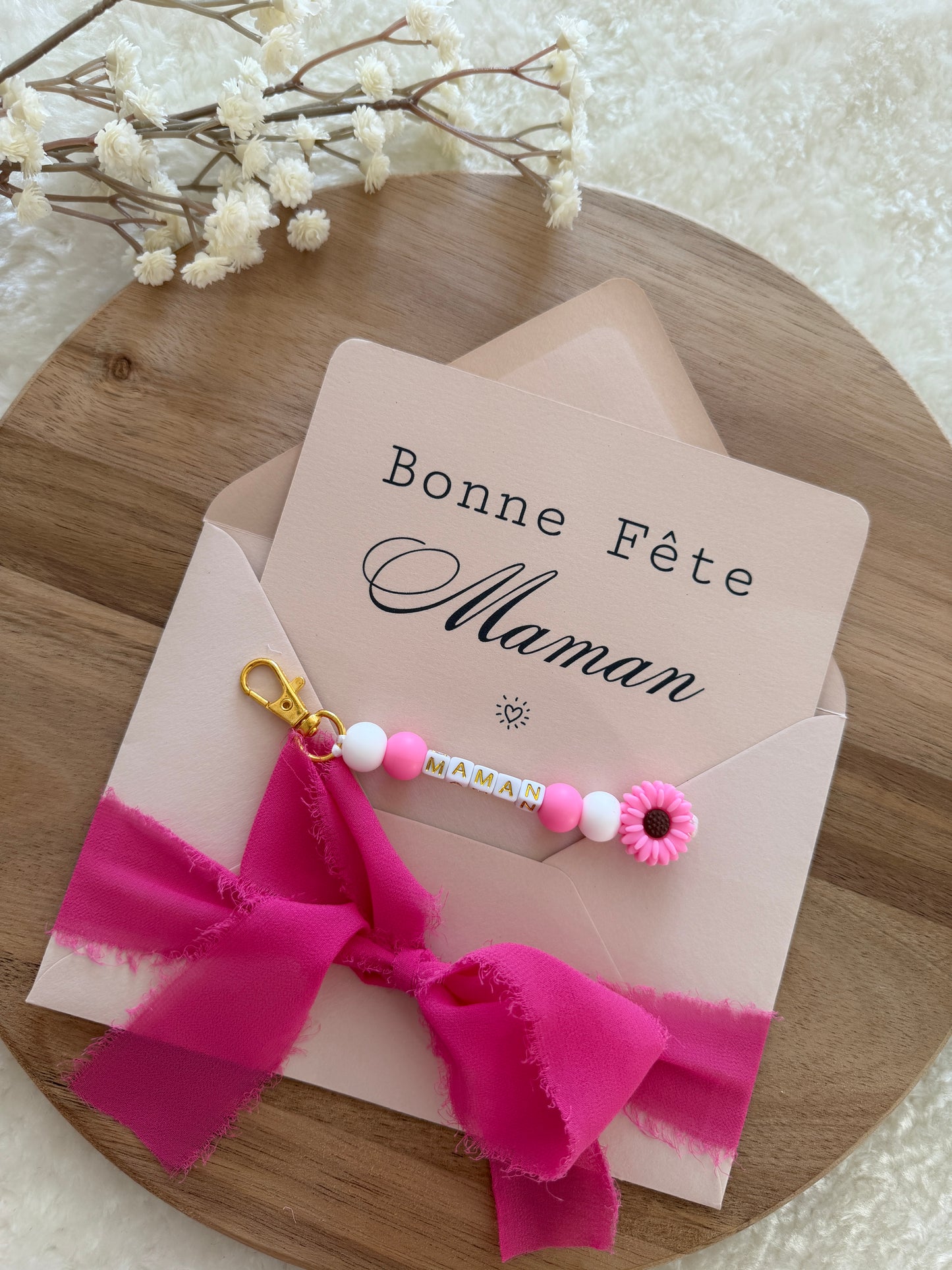 Cadeau fête des mamans, fête des mères, carte avec porte clé rose fuschia