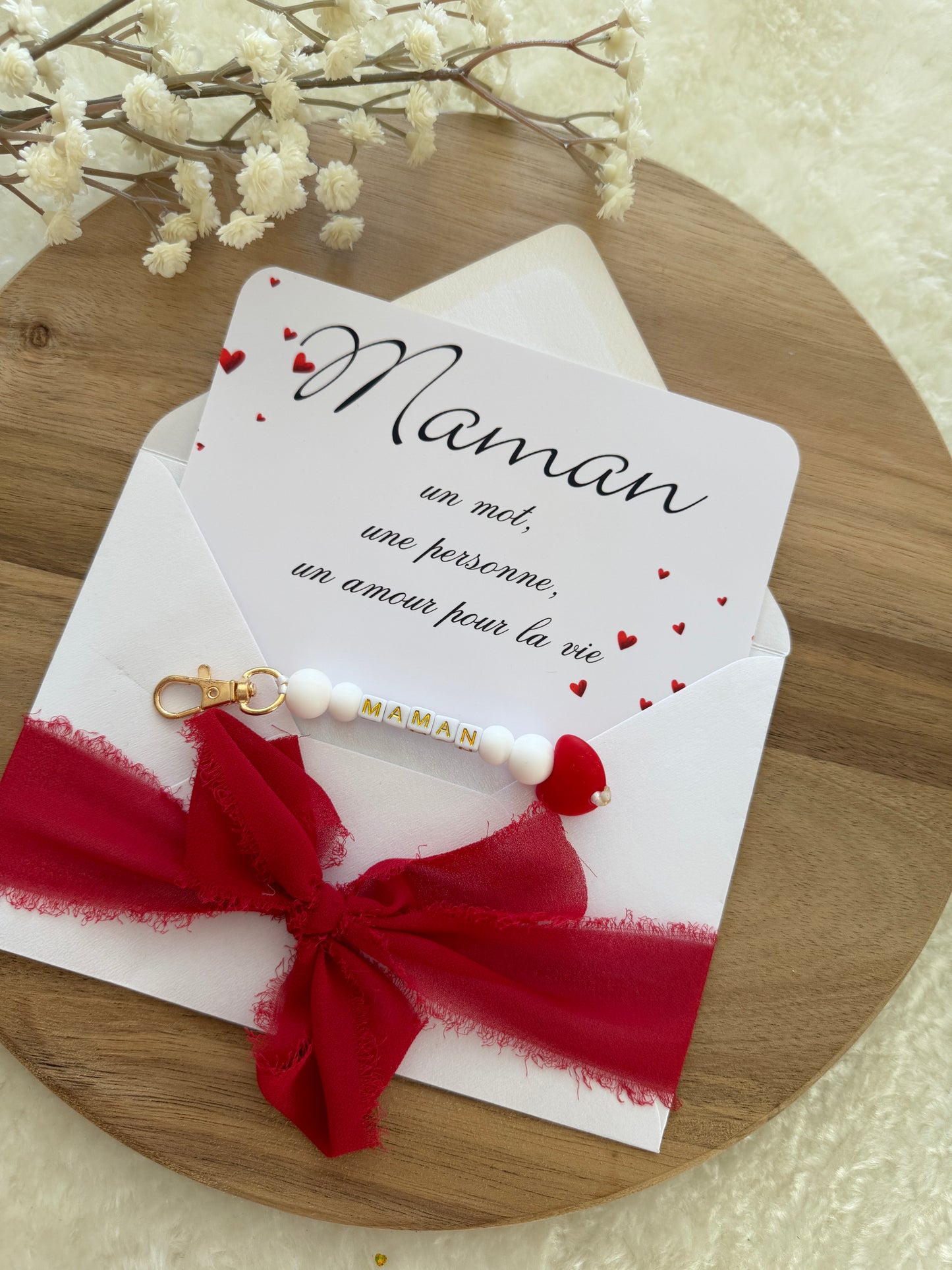 Cadeau fête des mamans, fête des mères, carte avec porte clé coeur rouge