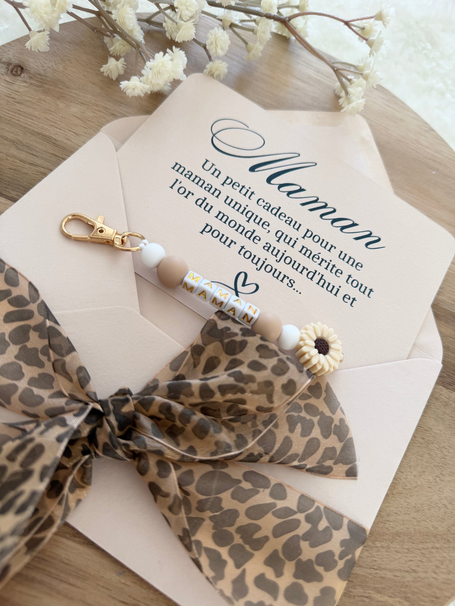 Cadeau fête des mamans, fête des mères, carte avec porte clé léopard