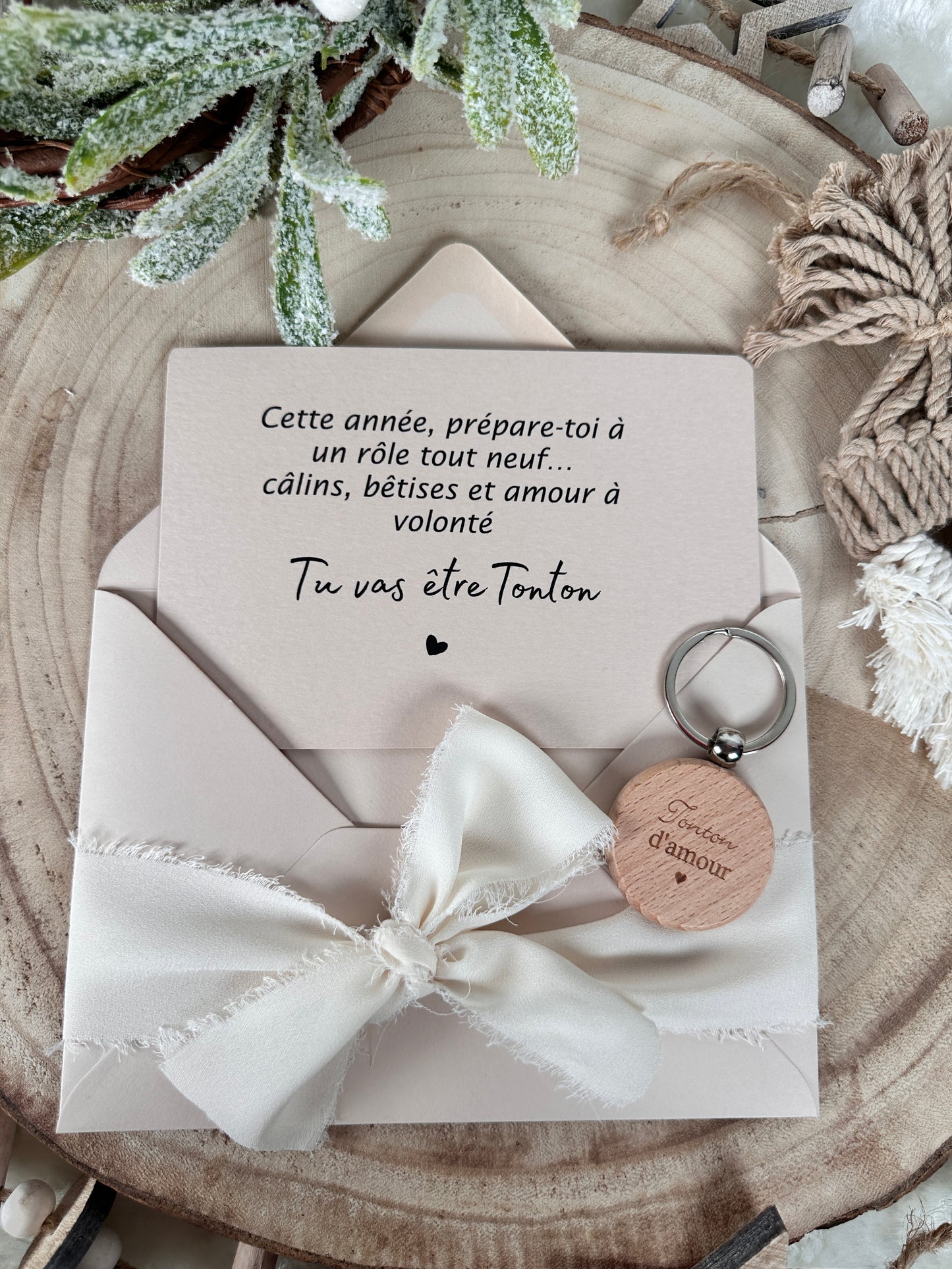 Annonce de grossesse décapsuleur/bouchon bouteille et carte pour tonton d'amour beige noel