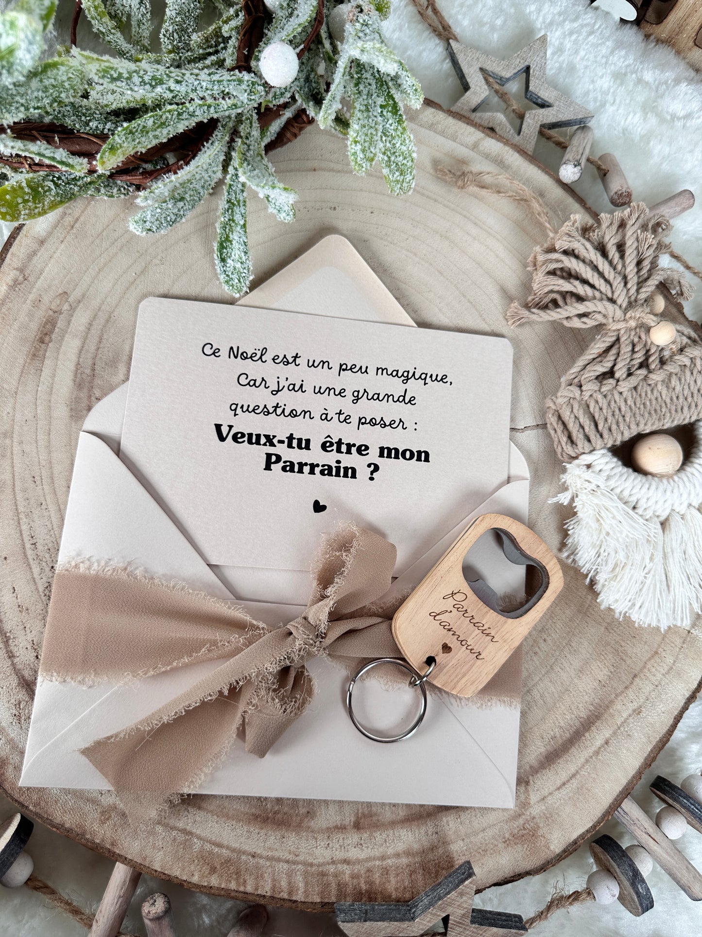 Annonce grossesse, demande parrain carte décapsuleur simple ou porte clé noel