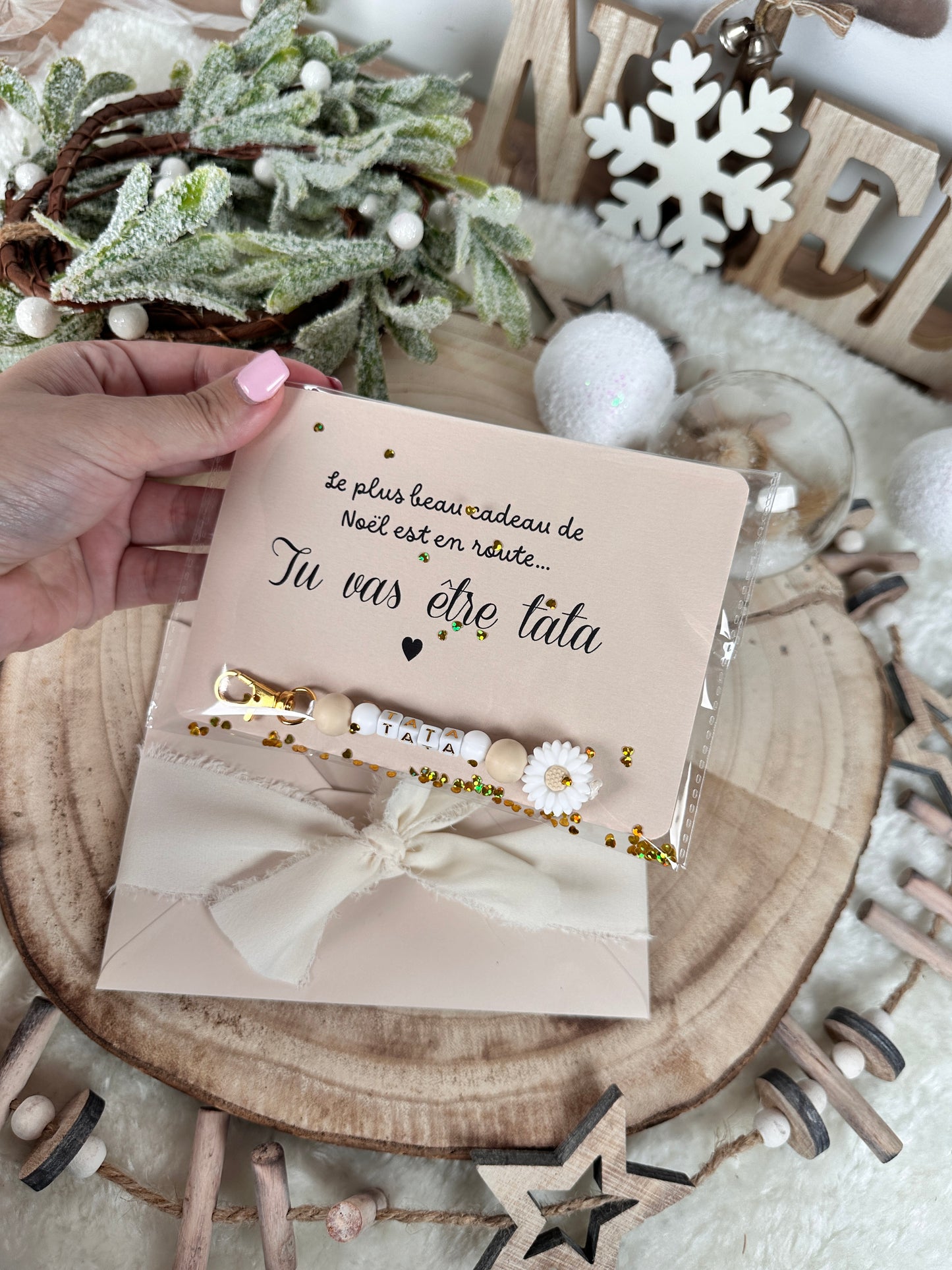 Annonce grossesse carte porte clé perle tata beige noel