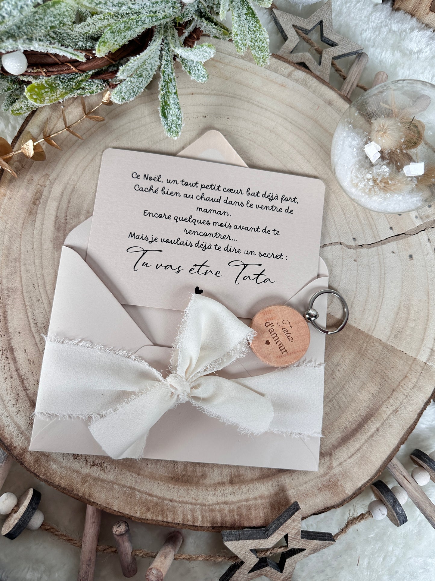 Annonce grossesse carte porte clé bois tata beige noel