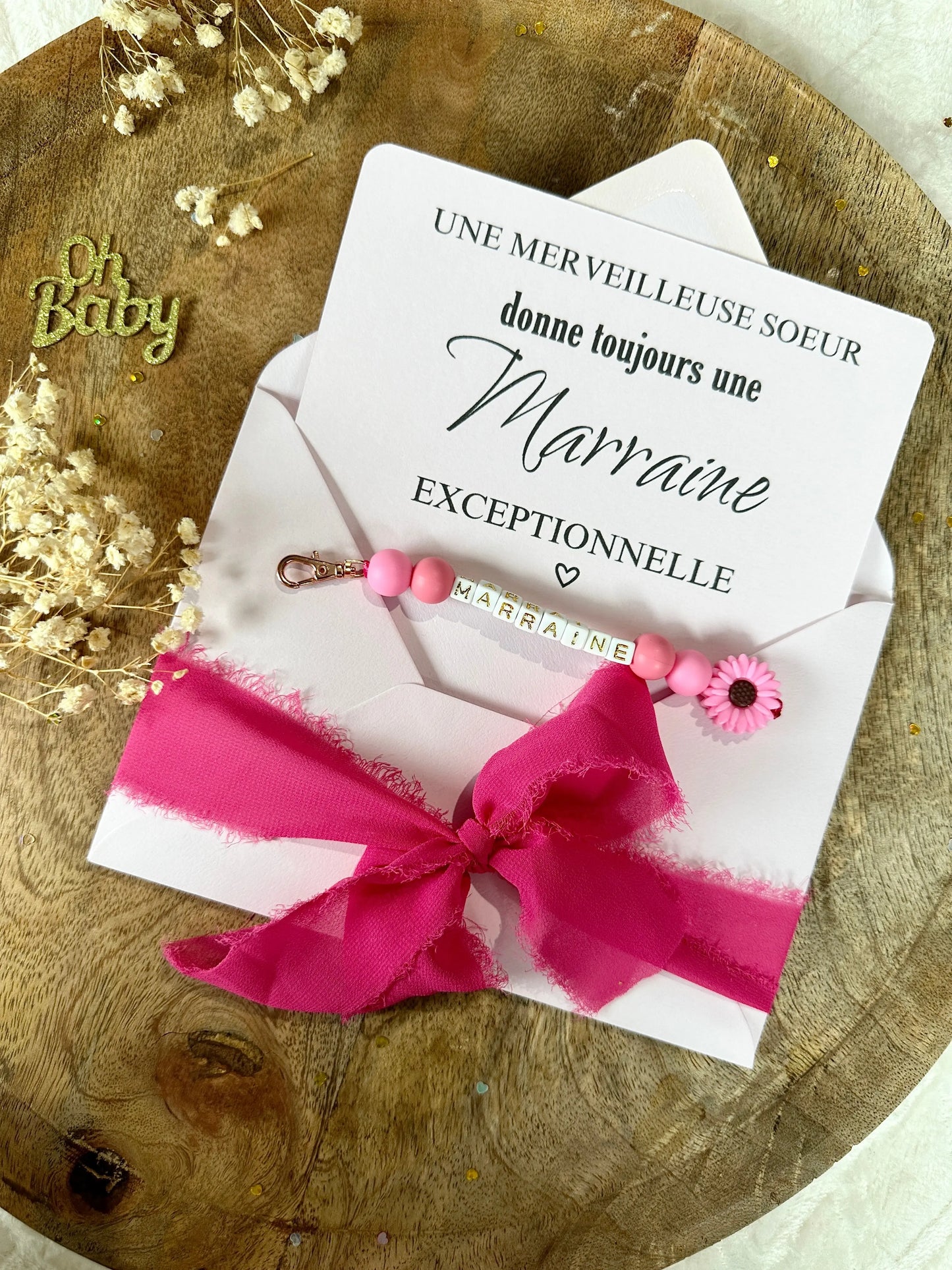 Annonce grossesse, demande marraine, baptême, carte et porte clé en perles rose fuchsia Annonce ton Bonheur