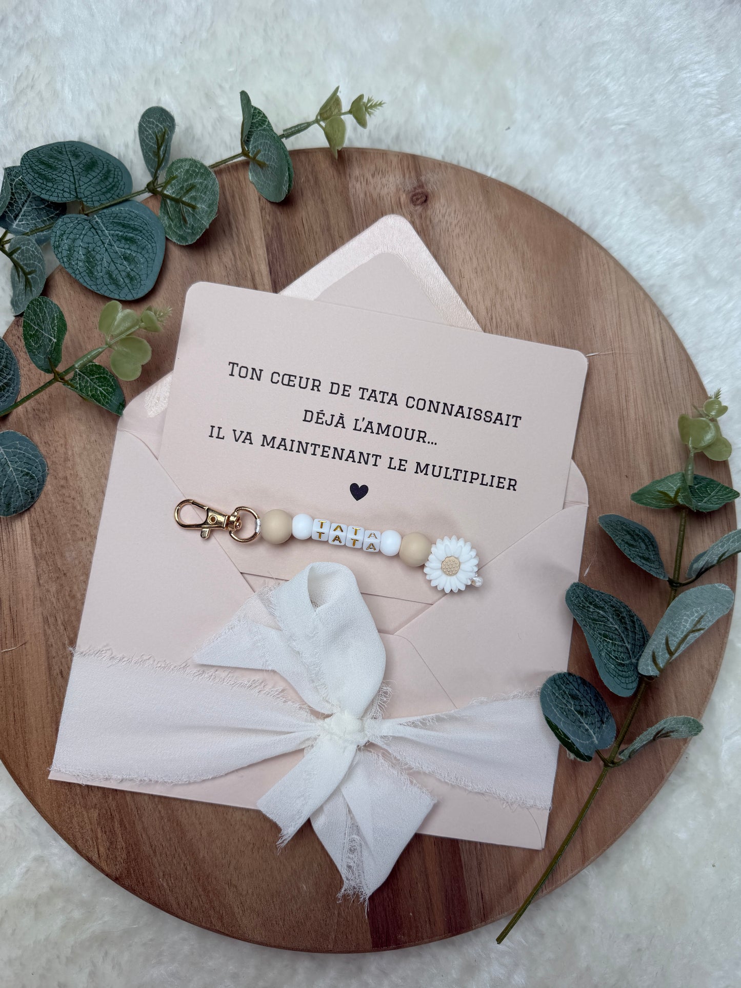 Annonce grossesse carte porte clé perle tata beige