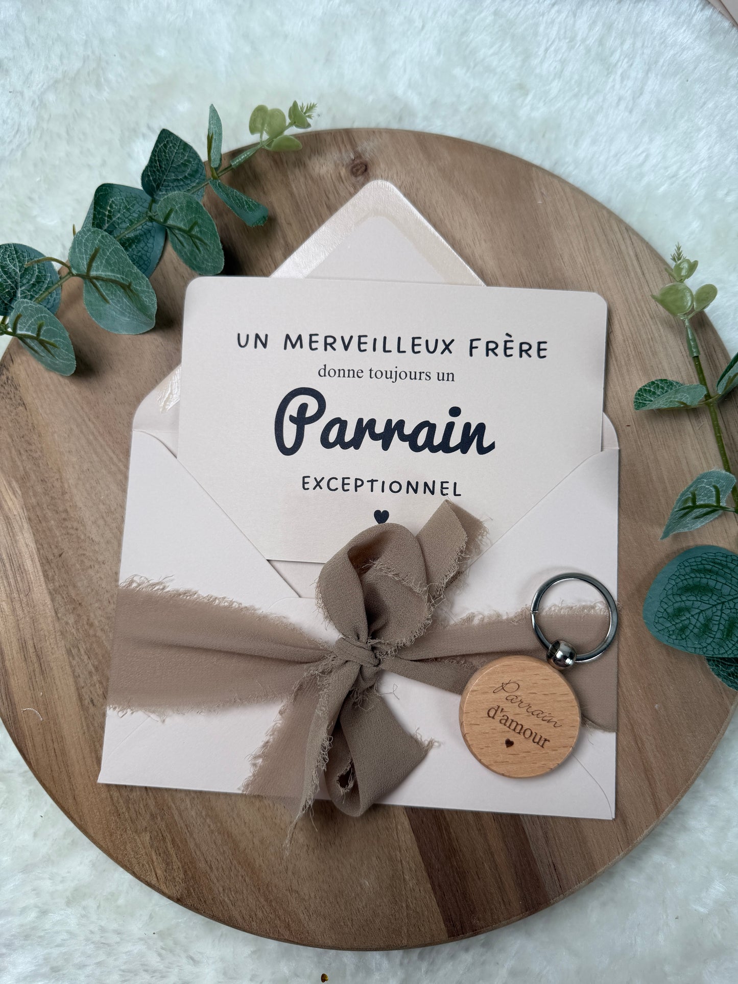 Annonce grossesse demande parrain, baptême carte avec petit porte clé en bois pour parrain d’amour