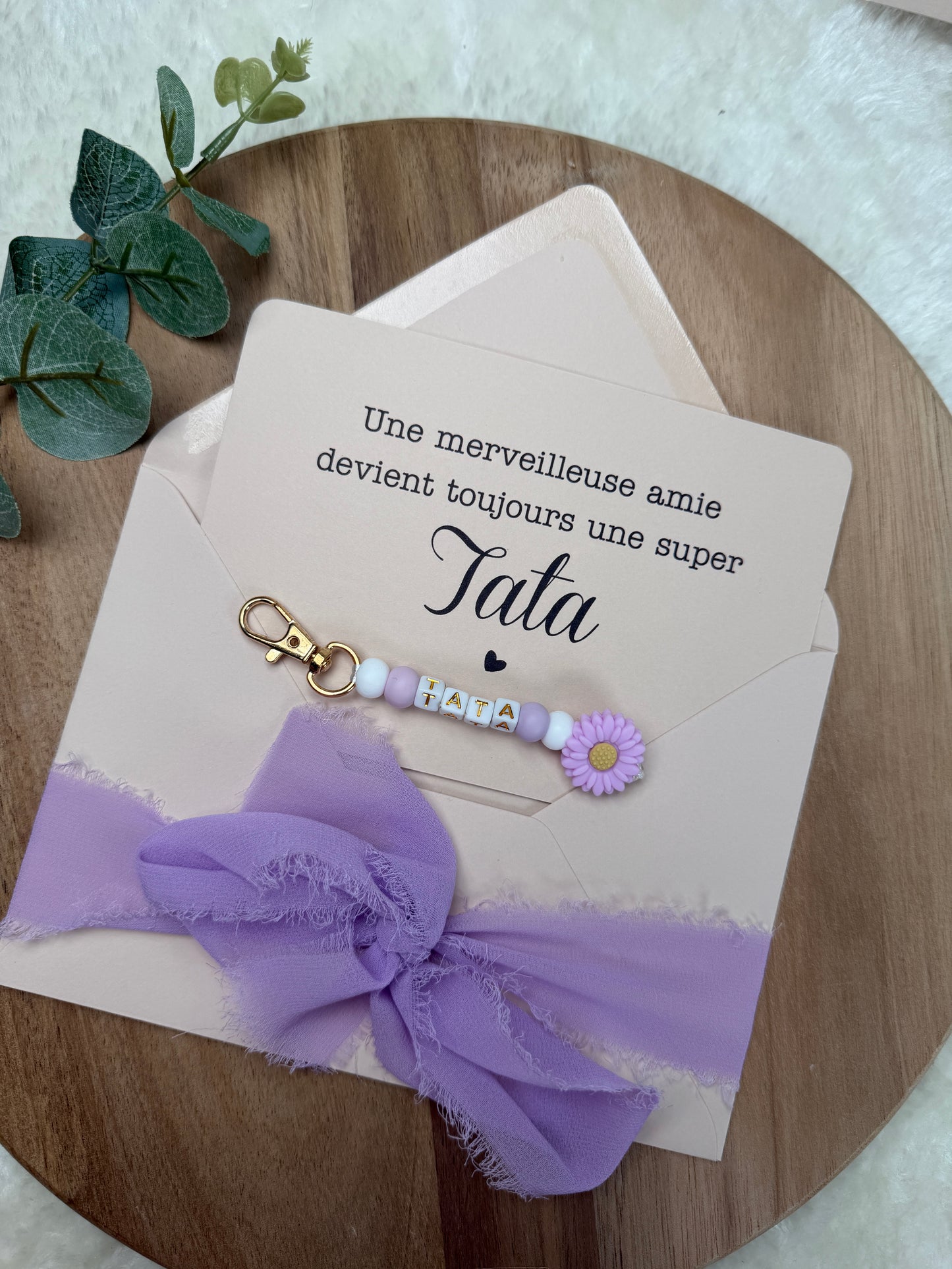 Annonce grossesse carte porte clé perle tata violet