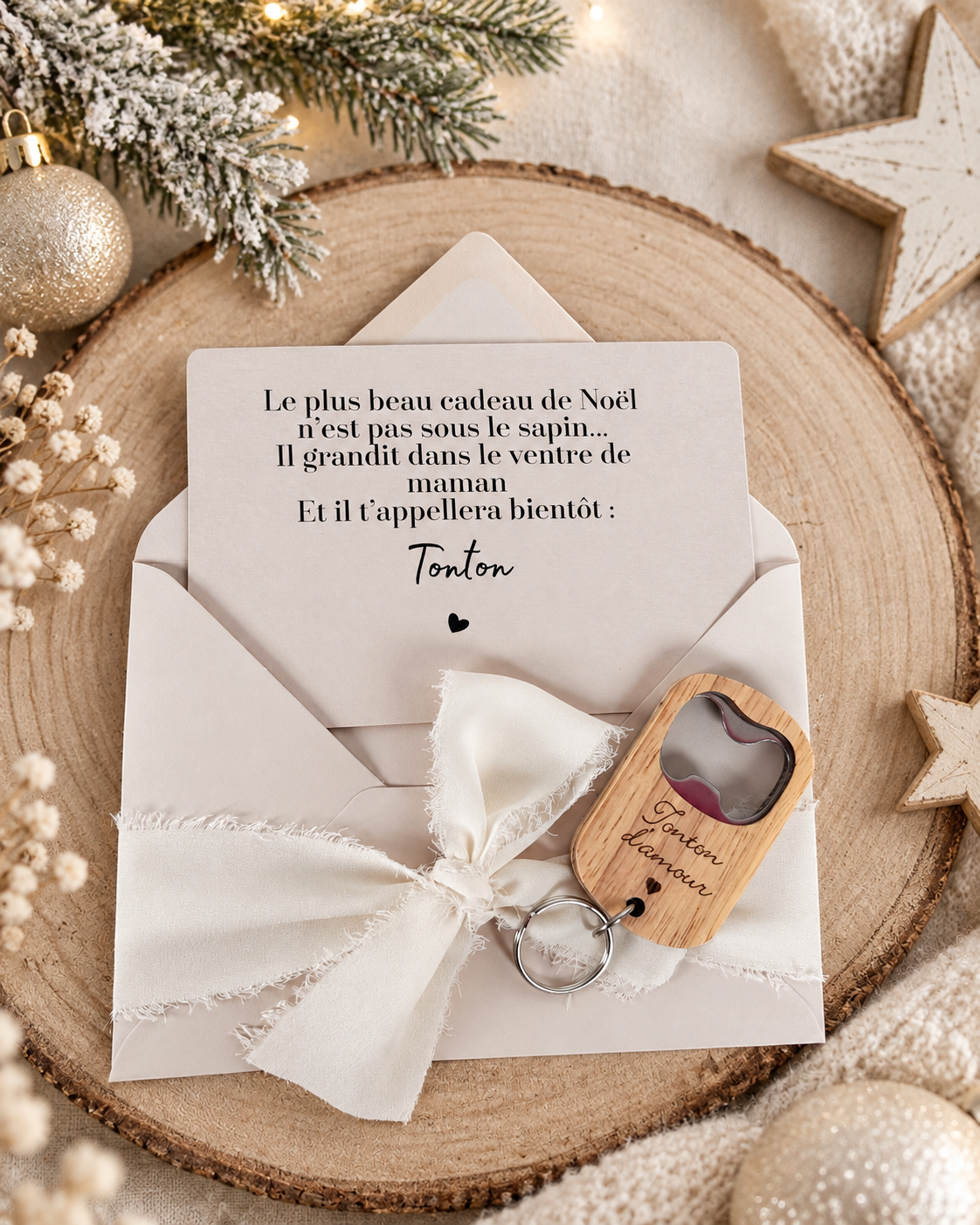 Annonce de grossesse décapsuleur/bouchon bouteille  et carte pour tonton d'amour beige noel