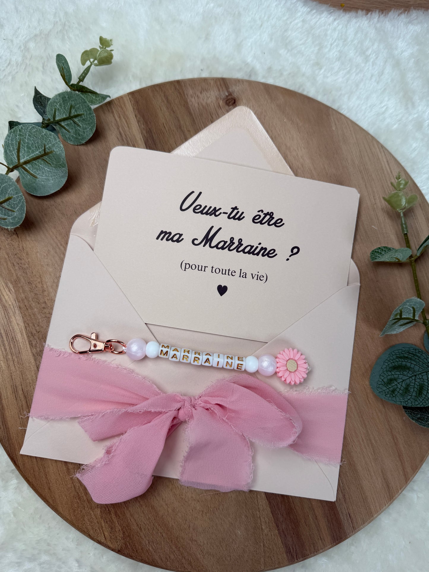 Annonce grossesse, demande marraine, rose baptême, carte et porte clé en perles