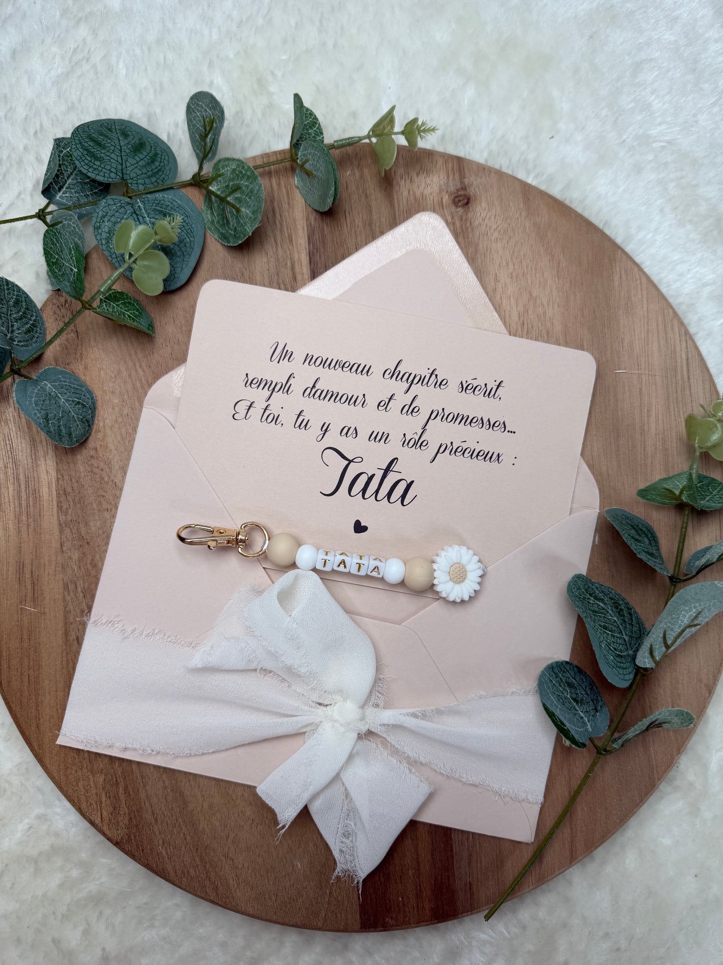 Annonce grossesse carte porte clé perle tata beige