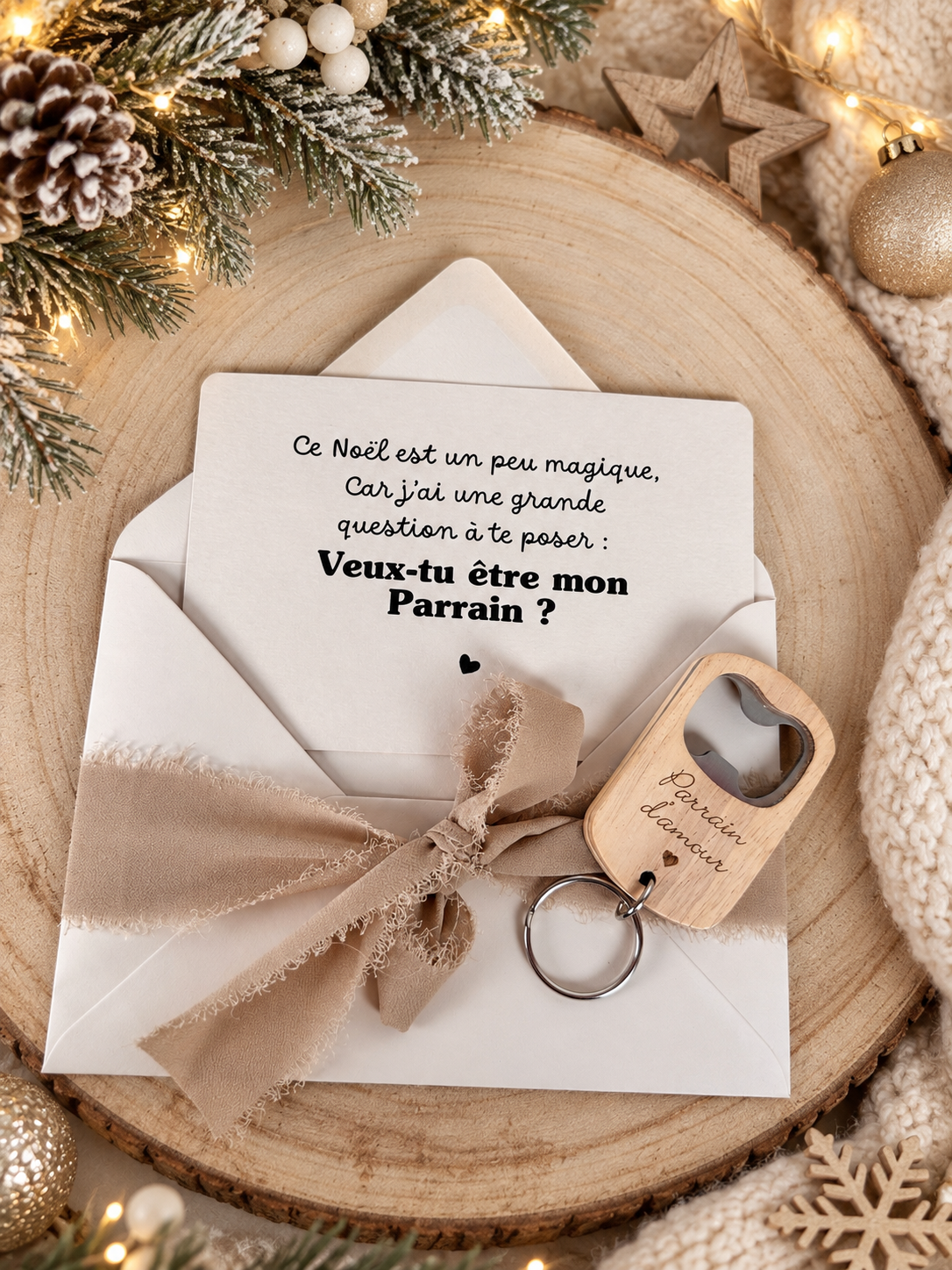 Annonce grossesse, demande parrain carte décapsuleur simple ou porte clé noel