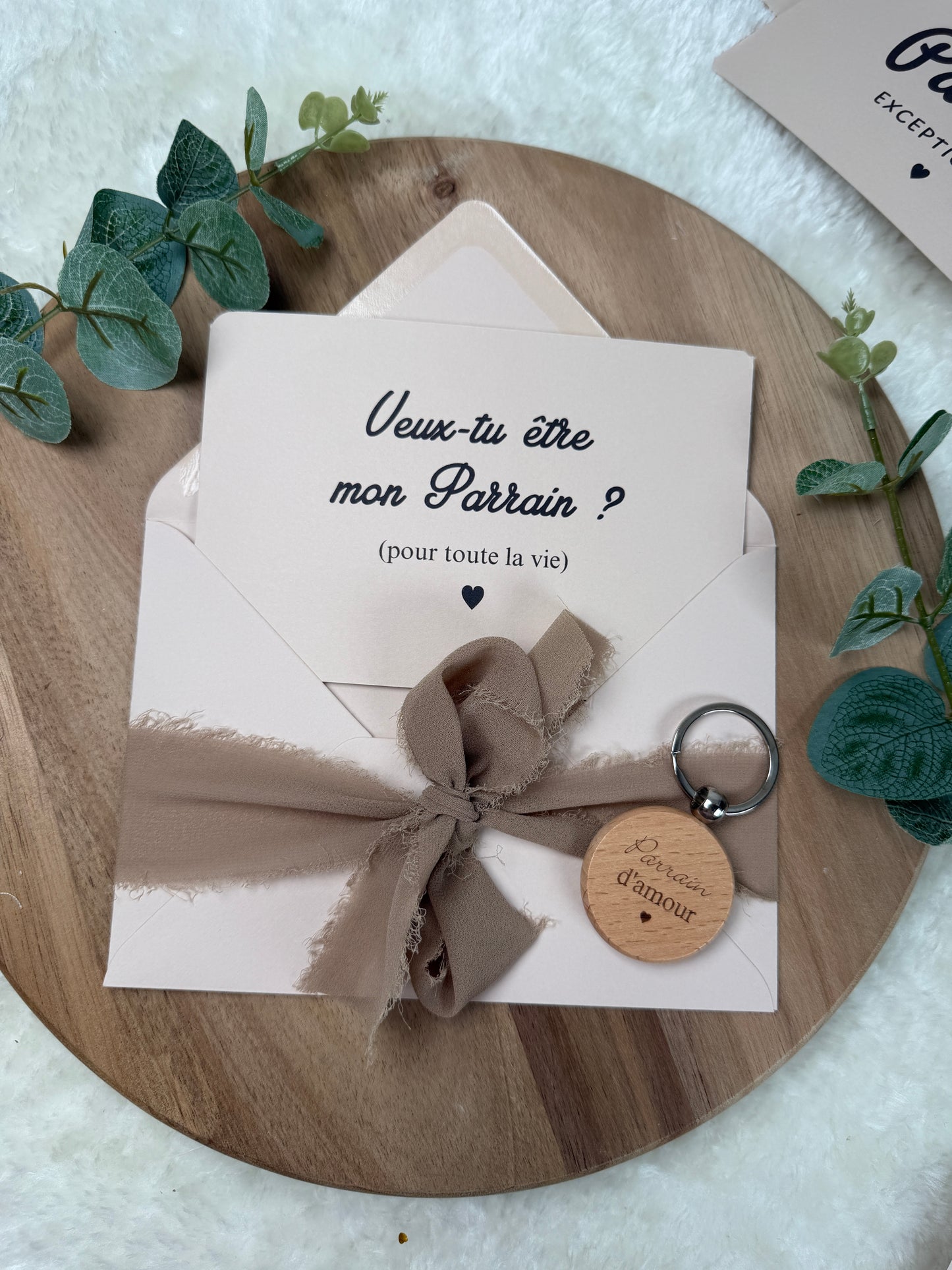 Annonce grossesse demande parrain, baptême carte avec petit porte clé en bois pour parrain d’amour
