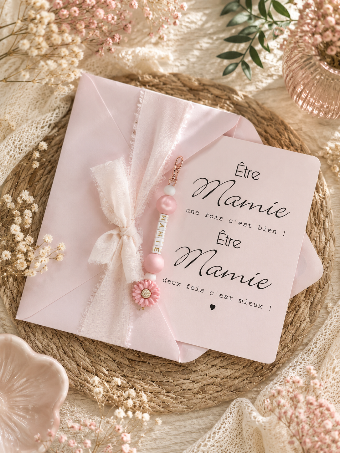 Annonce grossesse mamie carte avec petit porte clé en perles rose