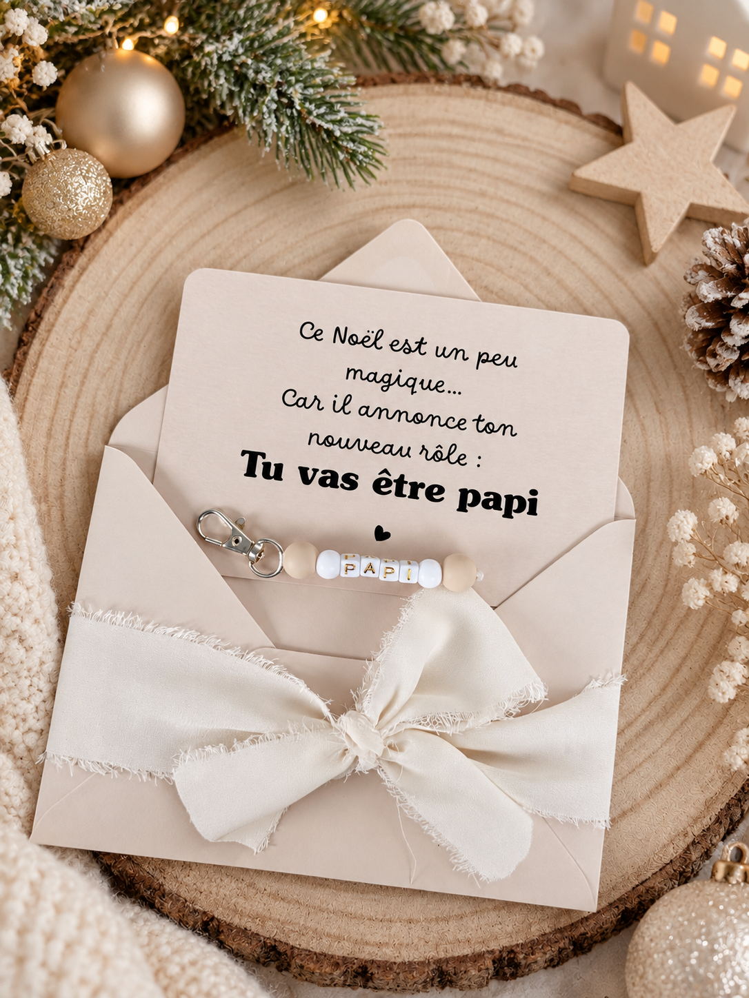 Annonce grossesse papi carte avec petit porte clés perles noel