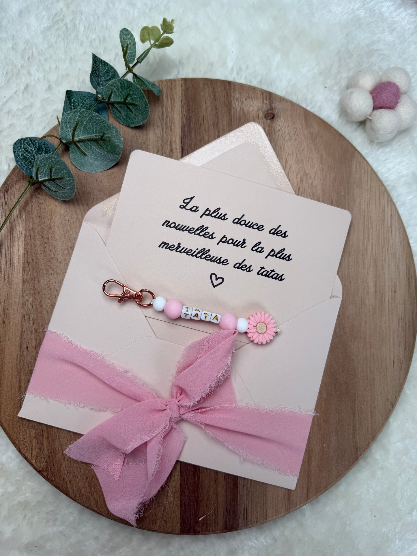Annonce grossesse carte porte clé perle tata rose