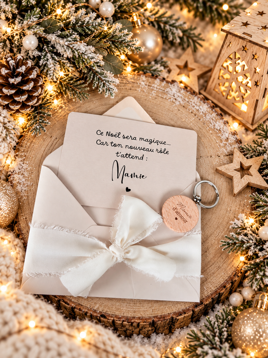 Annonce grossesse mamie carte avec petit porte clé en bois noel